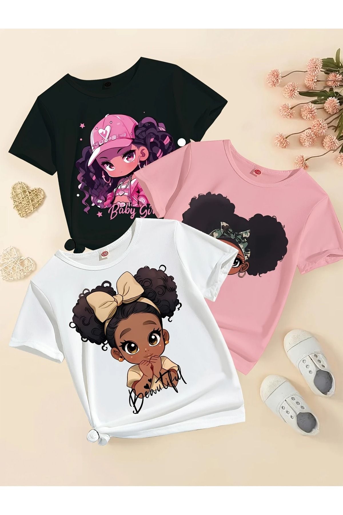 Renna Mood Kız Çocuk 3`lü Paket Baby Girl Kıvırcık Saçlı Kızlar Baskılı Penye T-shirt