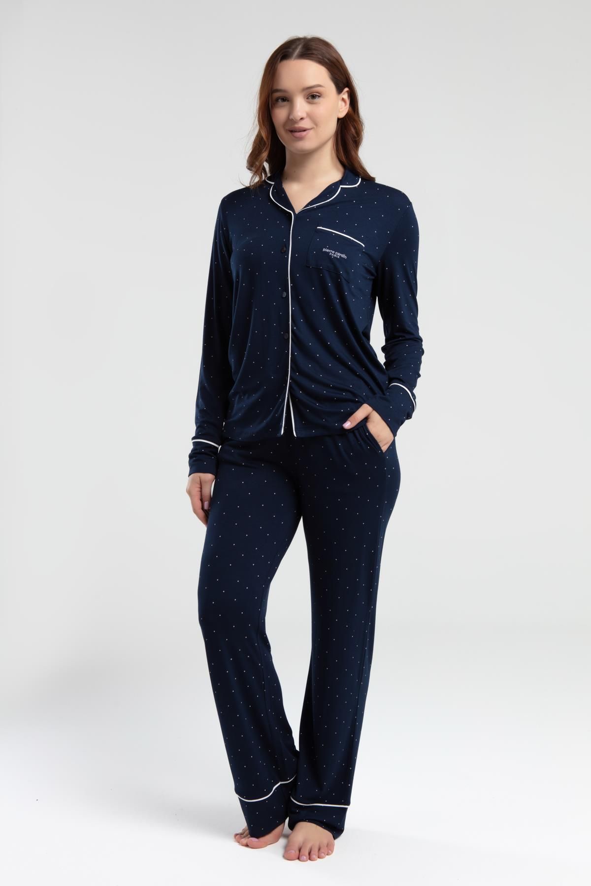 Pierre Cardin 8986 Kadın Lacivert Gömlek Yaka Önden Düğmeli Cepli Pijama Takım