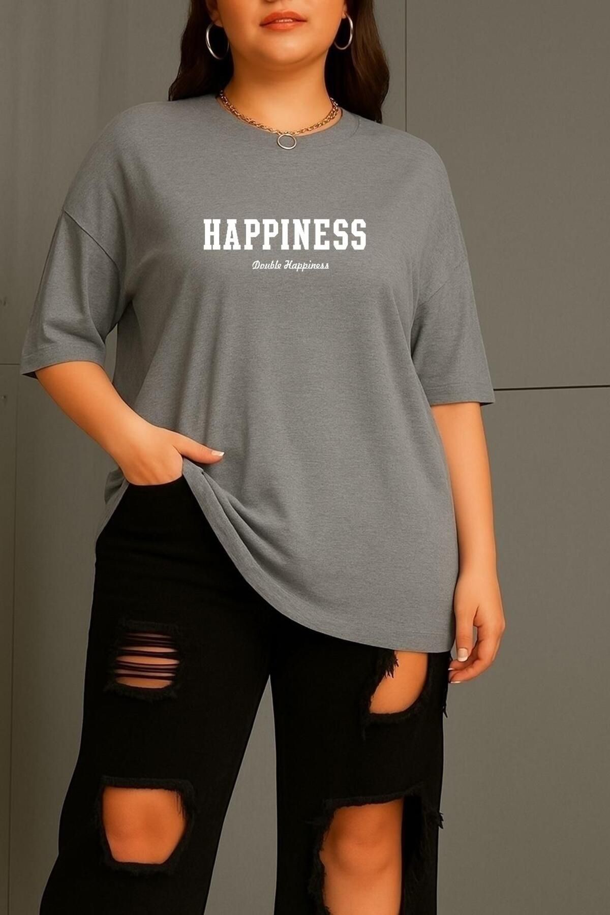BENROMA BÜYÜK BEDEN HAPPINESS BASKILI UNİSEX TİŞÖRT