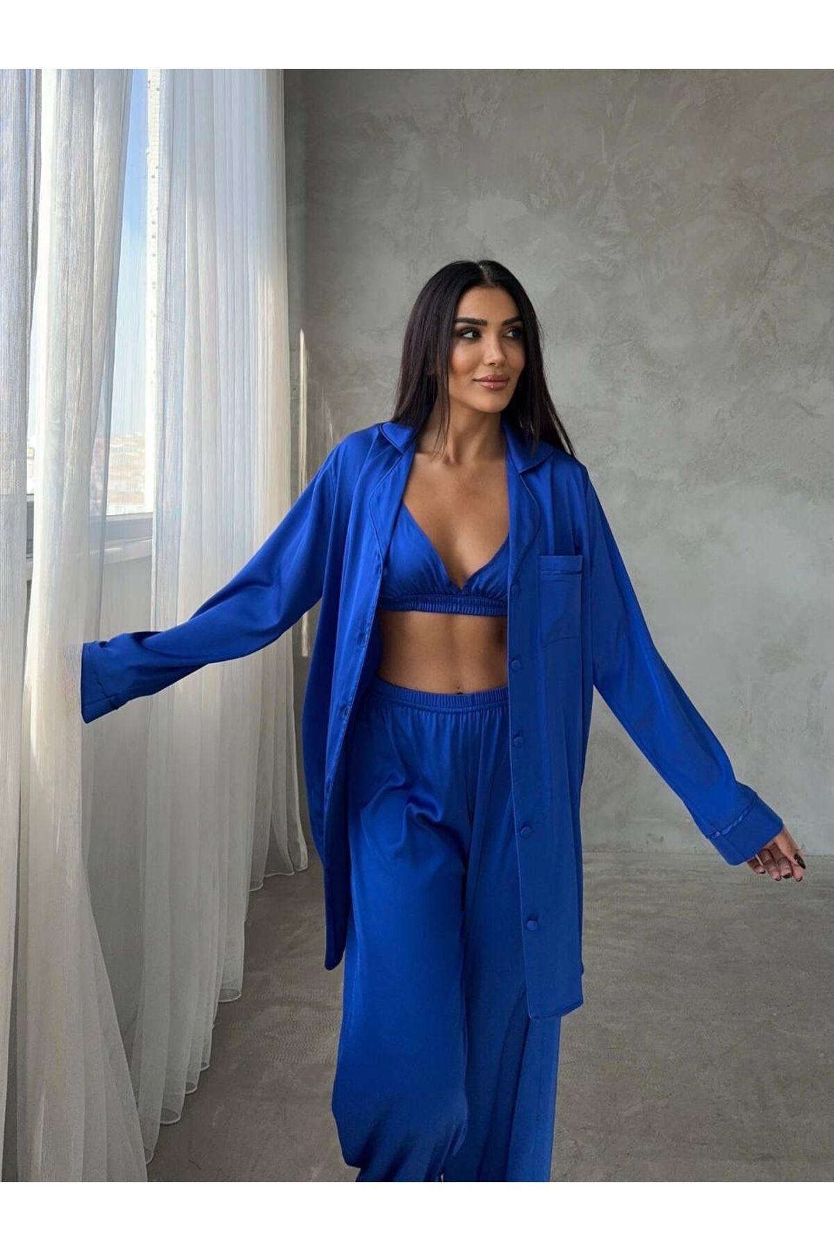 adenna 3lü saten pijama sabahlık takımı