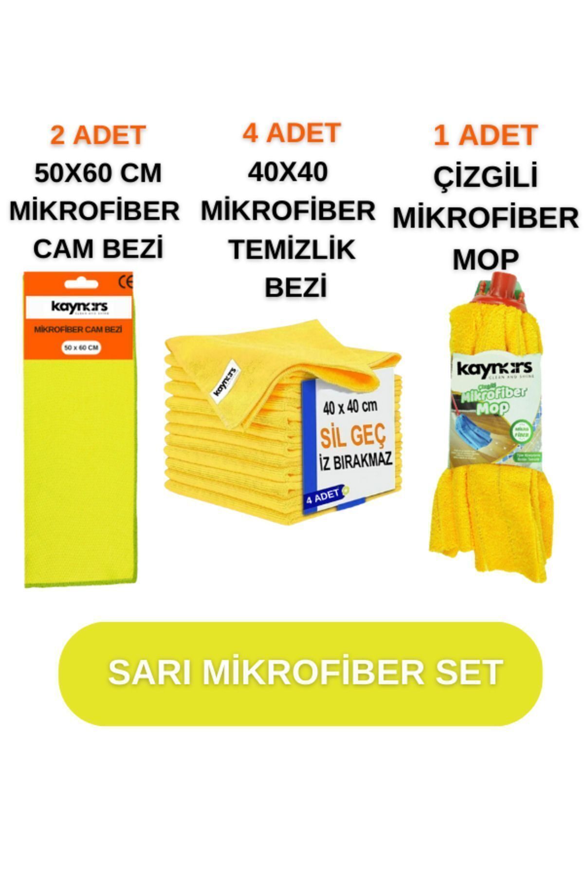 teknotrust Sarı Mikrofiber Temizlik Seti 3'lü, Cam Bezi, Bez, Mop, Pratik ve Hızlı Temizlik