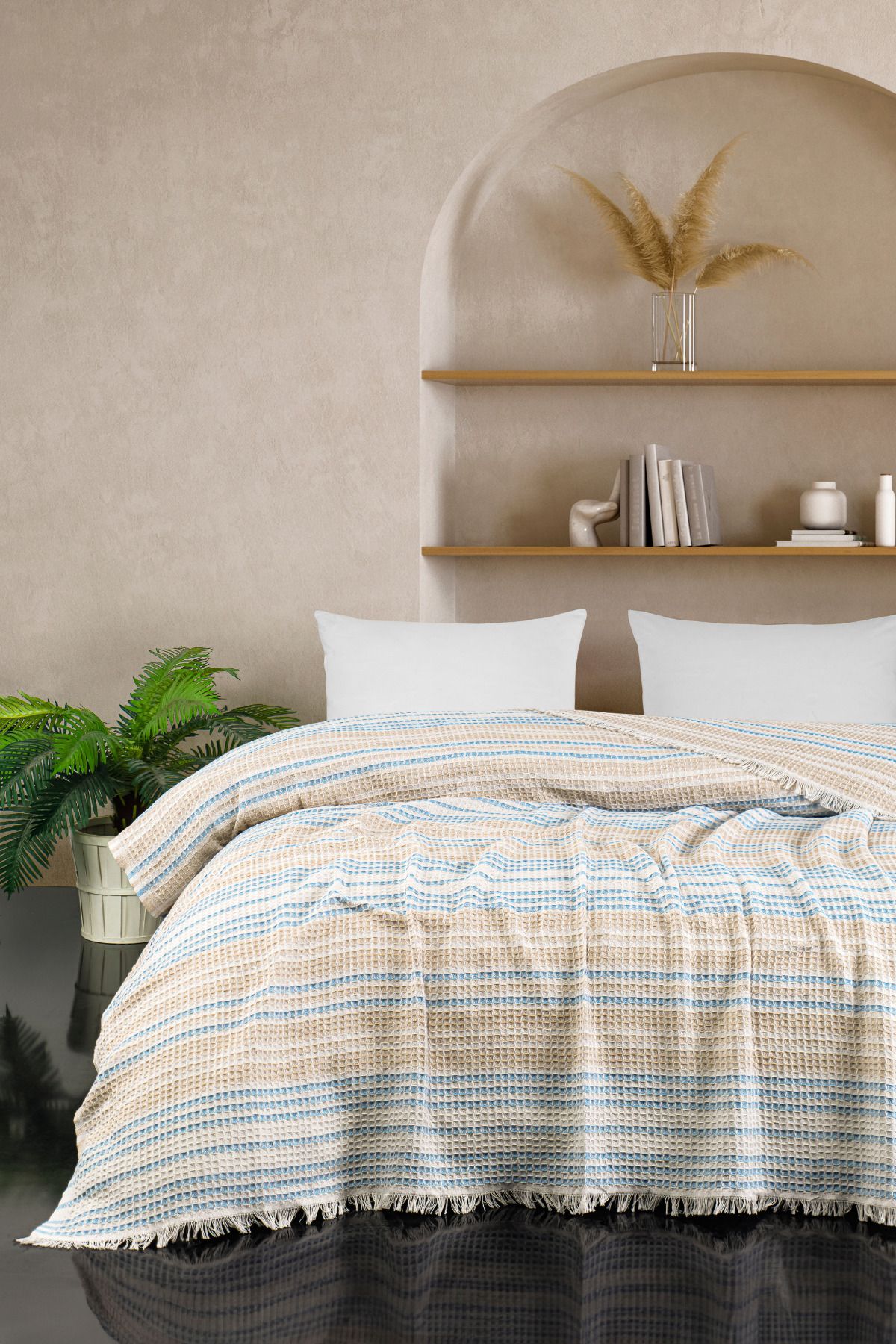 Casnack Babür Model Bej-Mavi Çift Kişilik Pike 200x230cm
