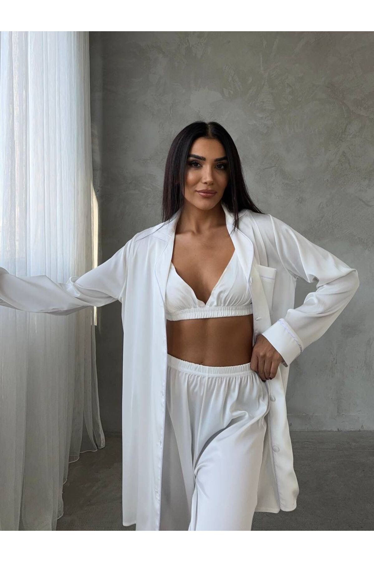 adenna 3lü saten pijama sabahlık takımı