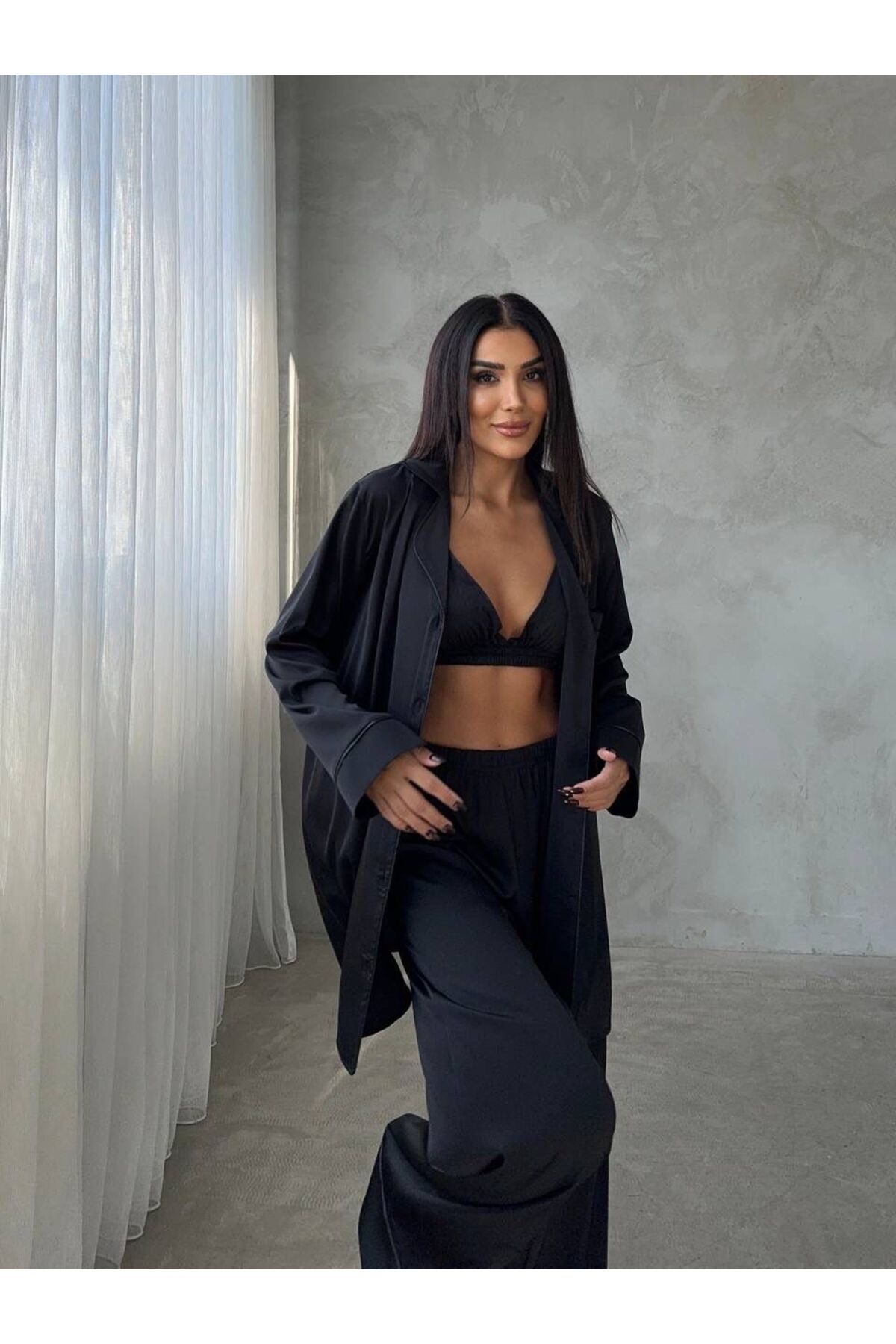 adenna 3lü saten pijama sabahlık takımı