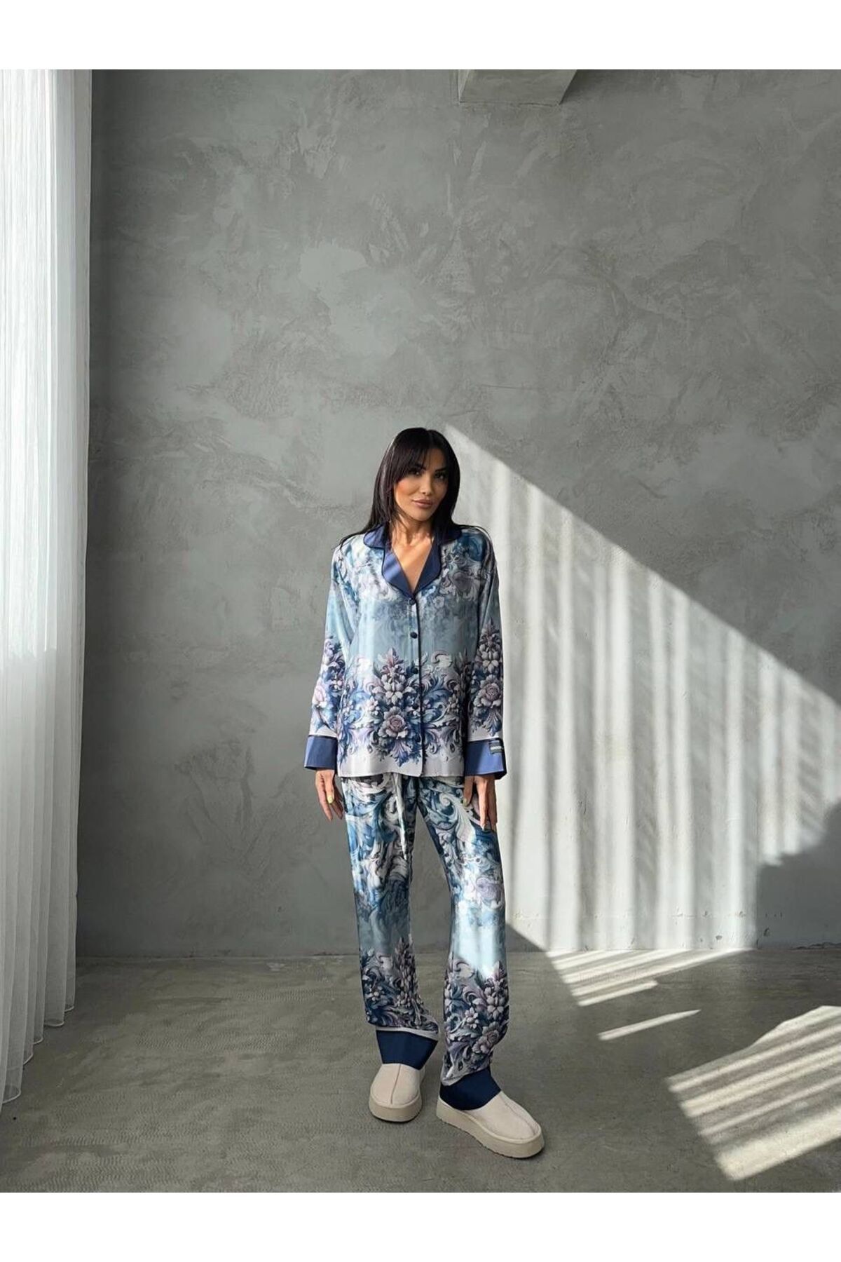 adenna üçlü saten sabahlık pijama takımı