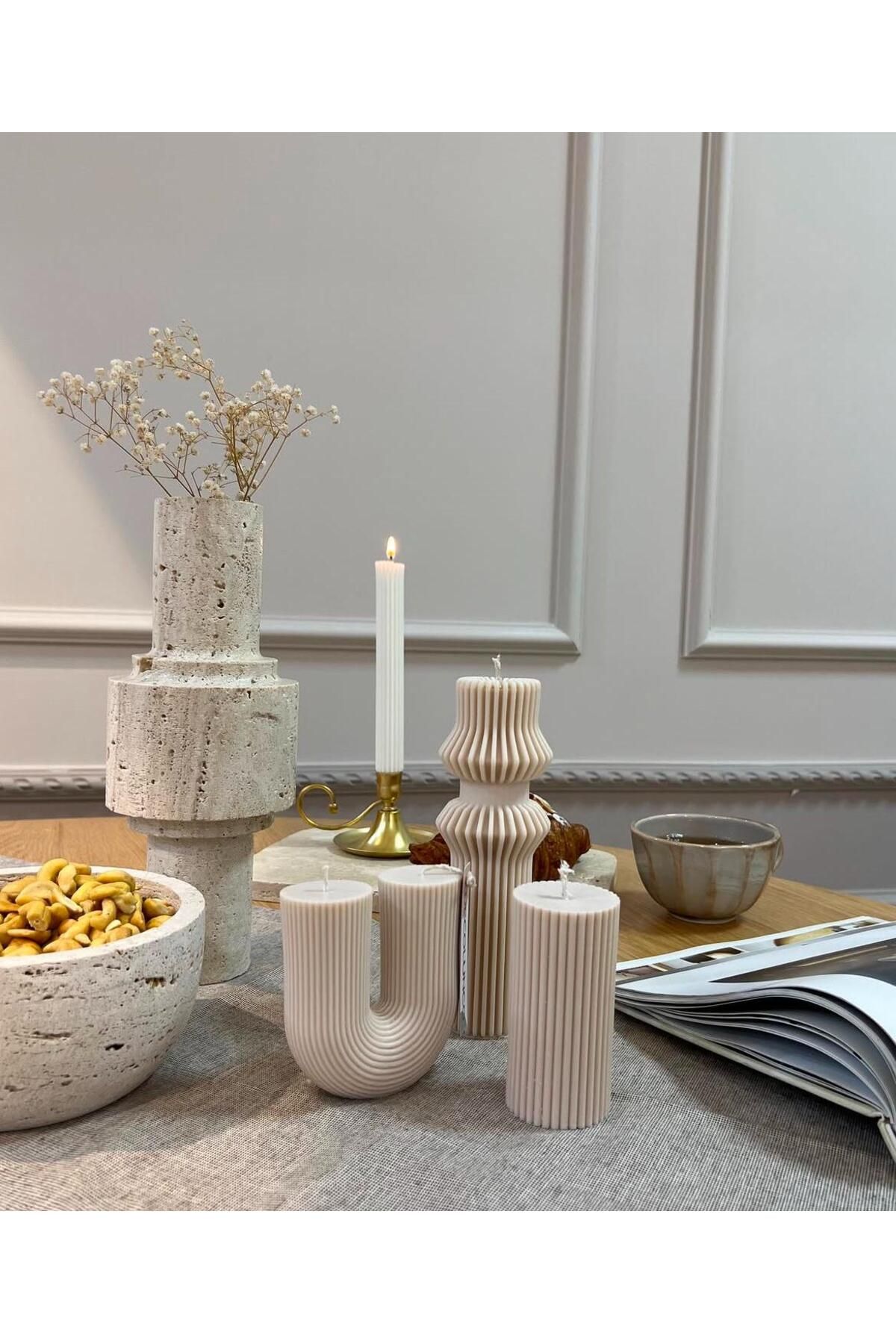 SCA CANDLE Dekoratif Mum Çokgen +Başı iki yuvarlak +U model +Çizgili Şamdan Toplam 4 parça