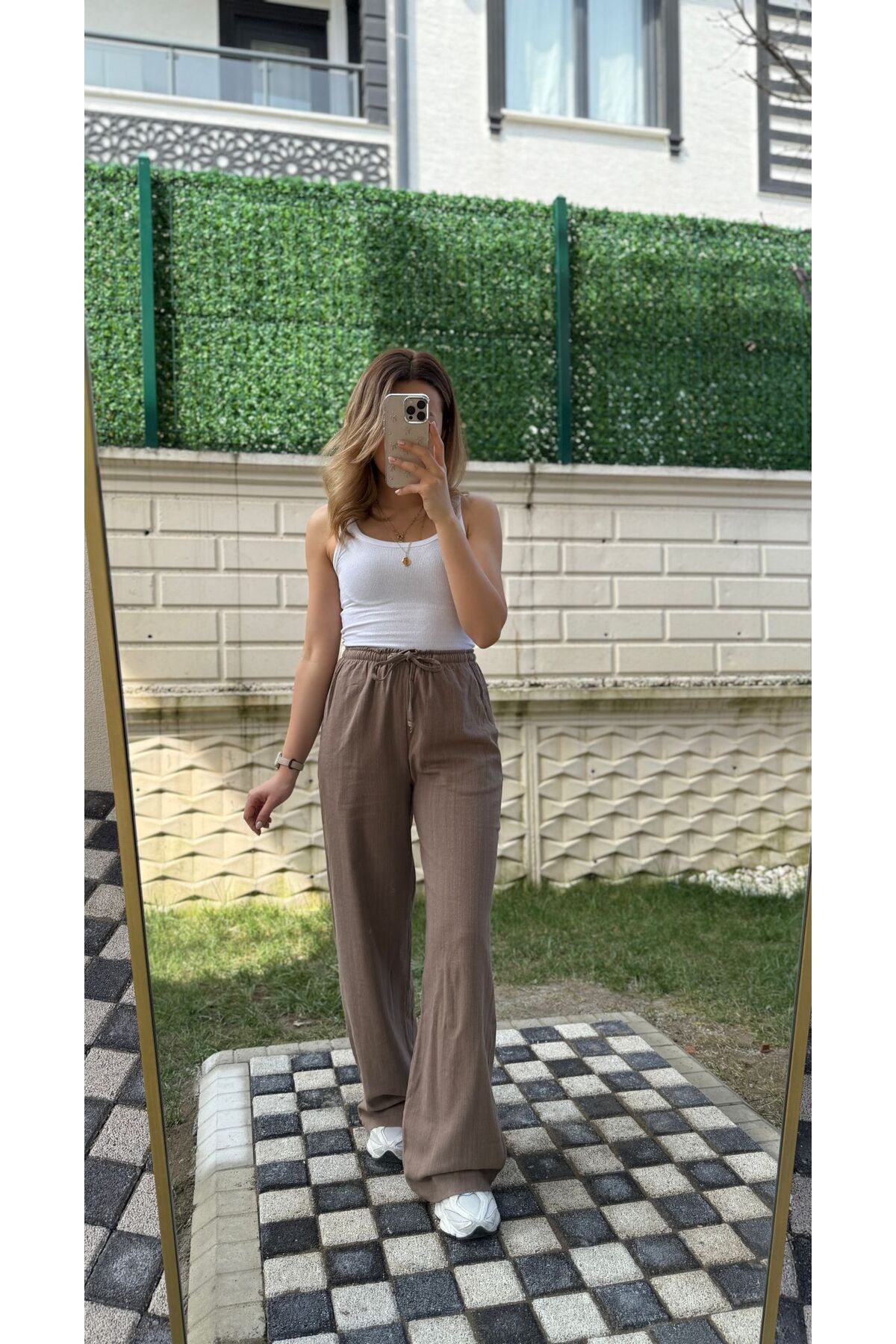 ESMA GÜL BUTİK Kahverengi Keten Kadın Pantolon
