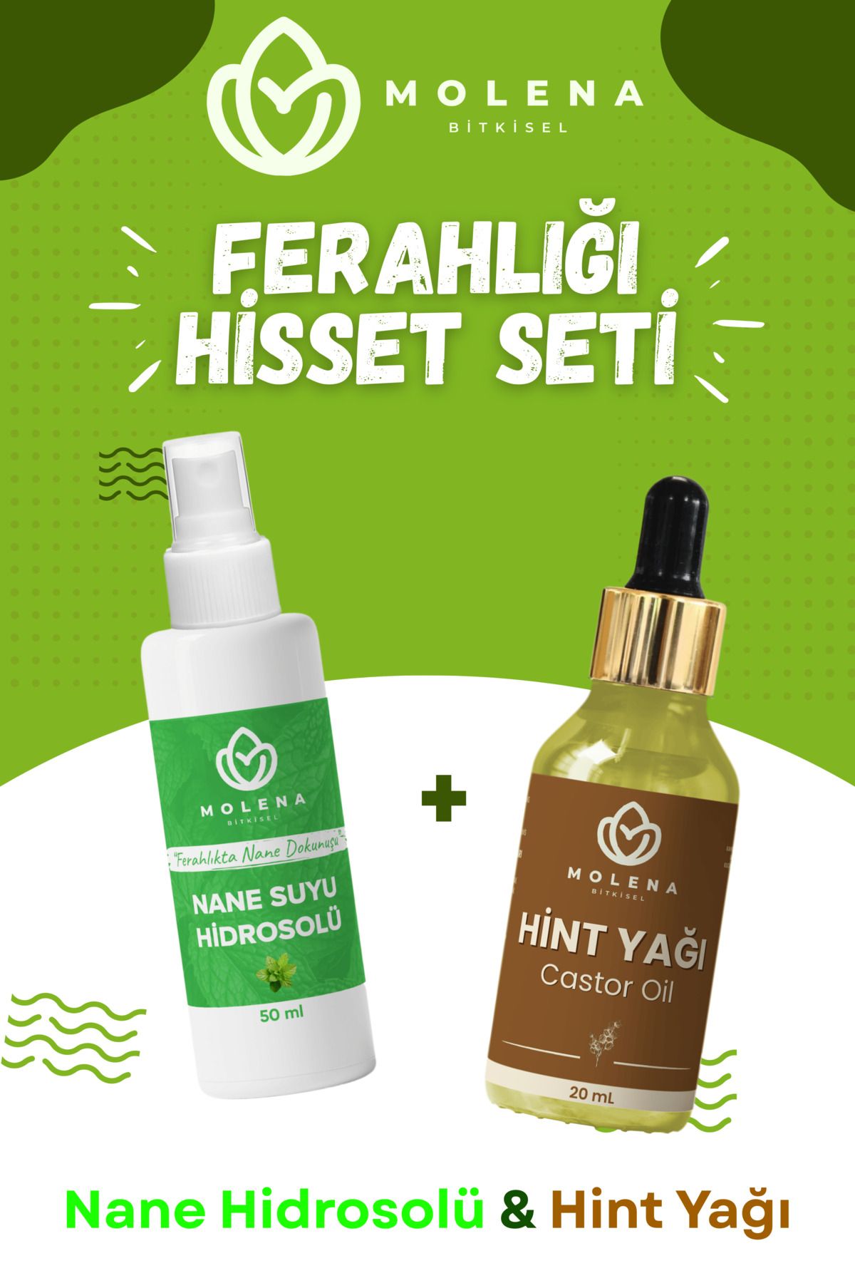 MOLENA BİTKİSEL Nane Hidrosolü 50ml + Hint Yağı 20ml | Ferahlatıcı Cilt Bakımı ve Saç Güçlendirici Set