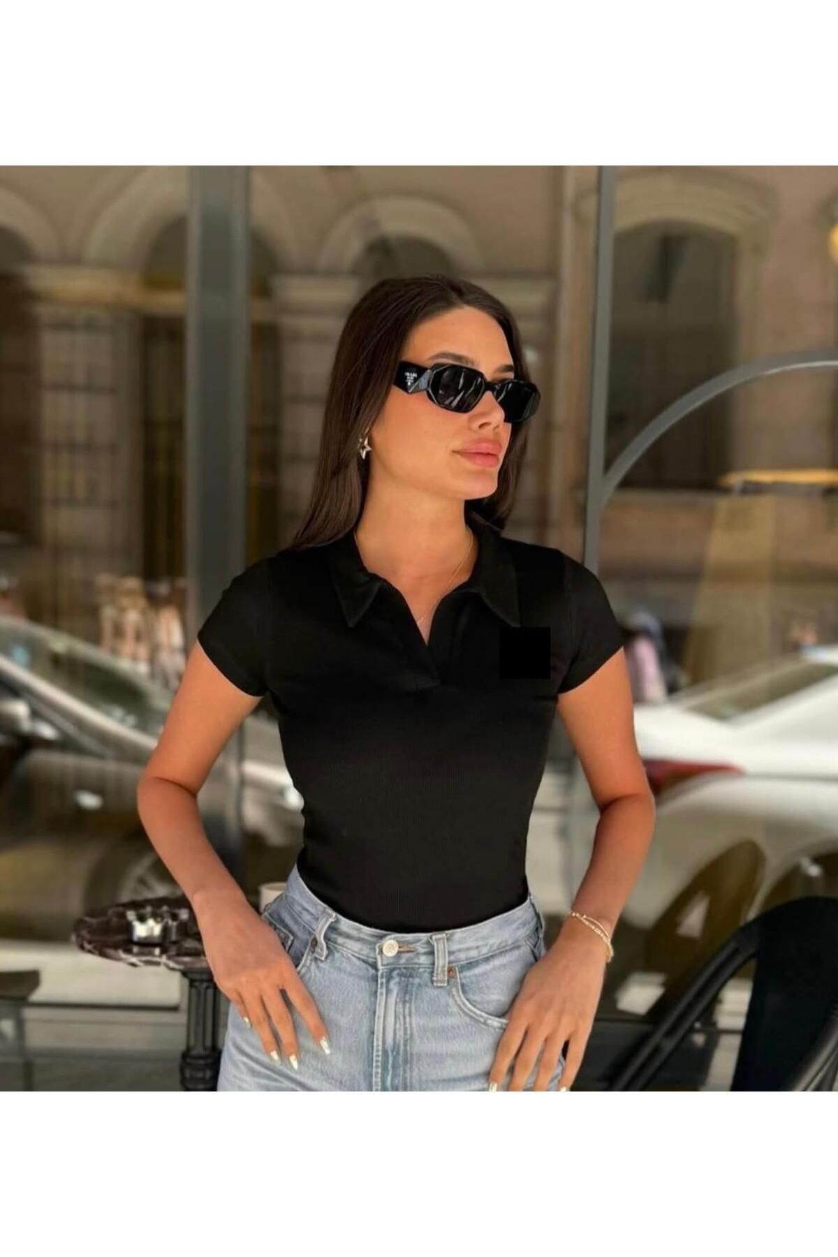 aleksandritbutik ALEKSANDRİT BUTİK KLASİK SİYAH KADIN POLO YAKA TİŞÖRT
