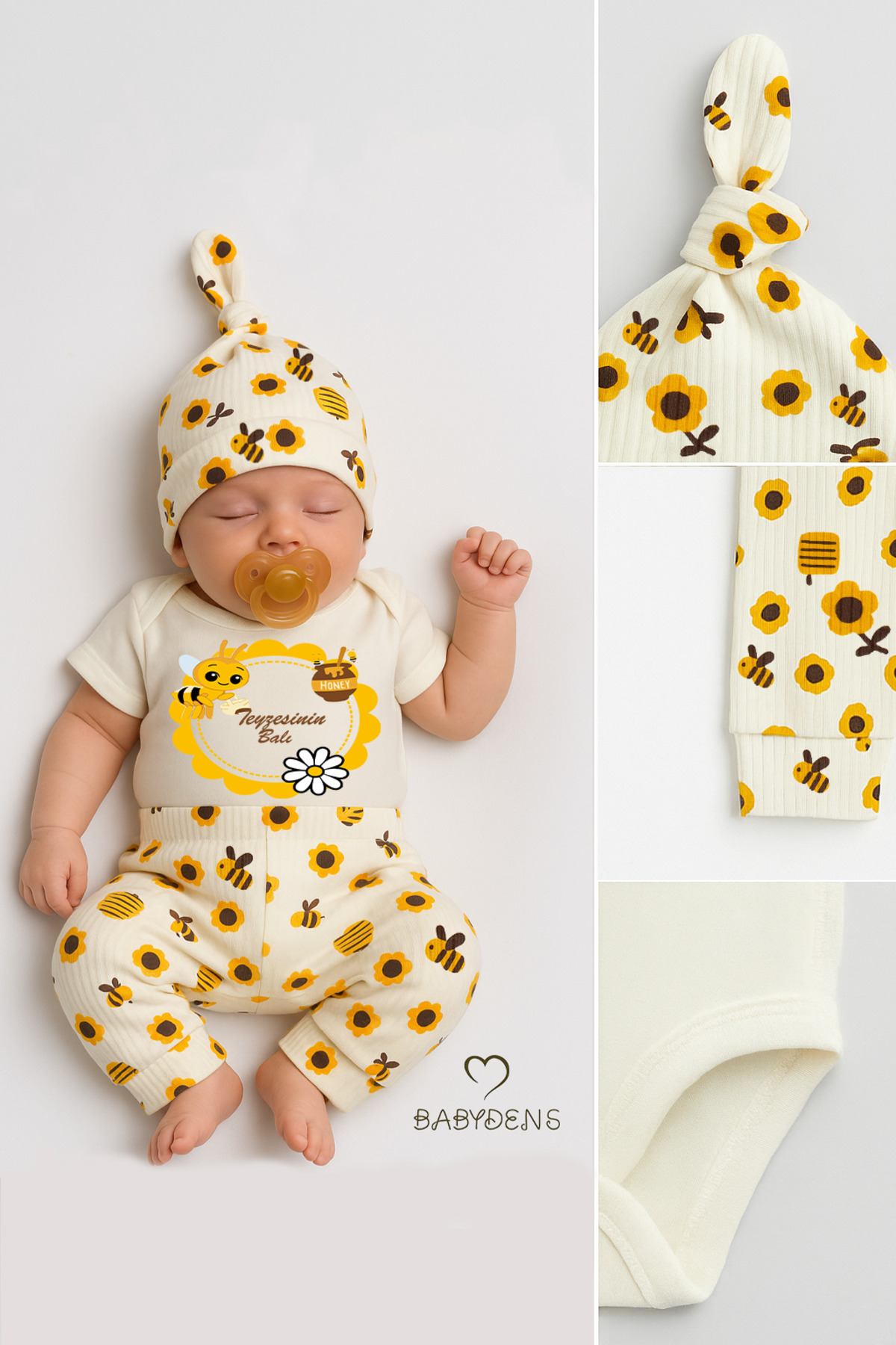 BABYDEN'S Teyzesinin Balı Yazılı 3’lü Bebek Takımı Kısa Kollu Çıtçıtlı Body Zıbın, Arı Desenli Pantolon ,Bere fotoğrafı 6 (önizleme)