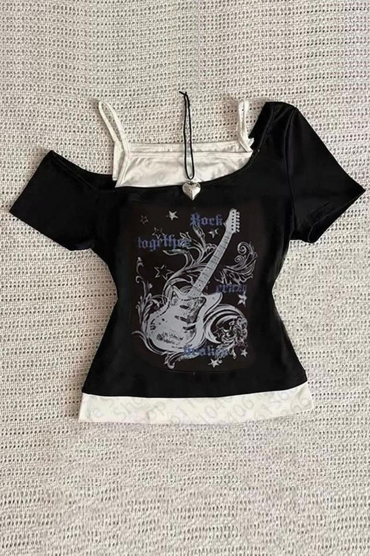 Karakedi Rock Togerher Guitar Ek Askılı Kısa Kollu Siyah Bluz