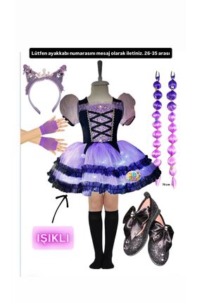 3b kids kuromi ışıklıı elbise kostüm kuromi mor bubble saç siyah çorap kuromi...