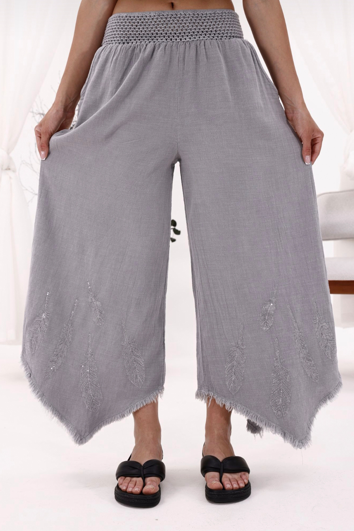 AYASOFYA OTANTIK Pantaloni De In Pentru Femei, Gri Cu Model De Pene, Brodate, Talie Elastică, Buzunare, Picioare Largi Femeie - S/M