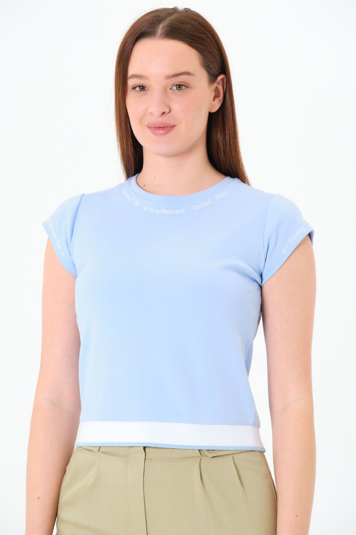 Sortie Collection Kadın Bisiklet Yaka Kısa Kollu Baskılı Crop Açık Mavi Tişört T-Shirt