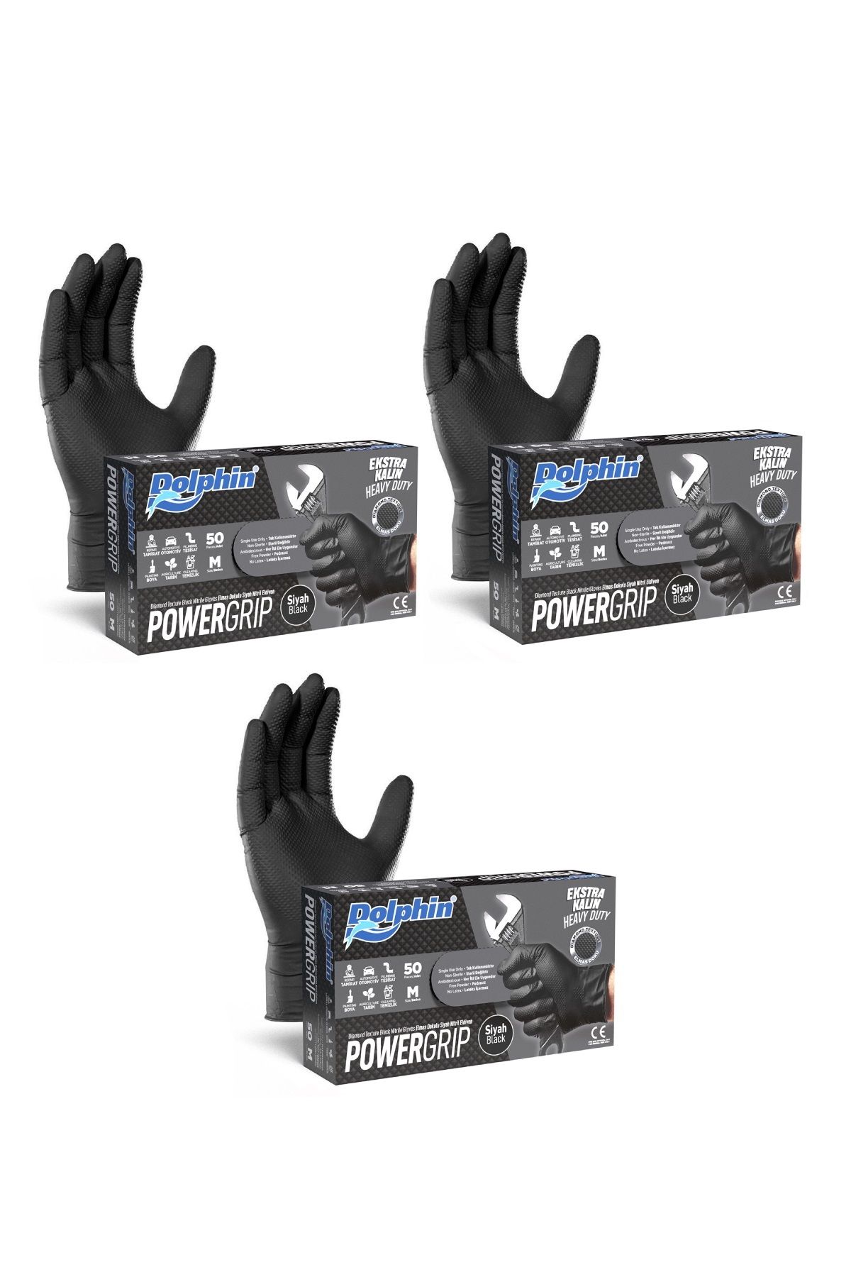 Dolphin PowerGrıp Ekstra Kalın Siyah Nitril Eldiven (M) 50 Adet x 3 Paket