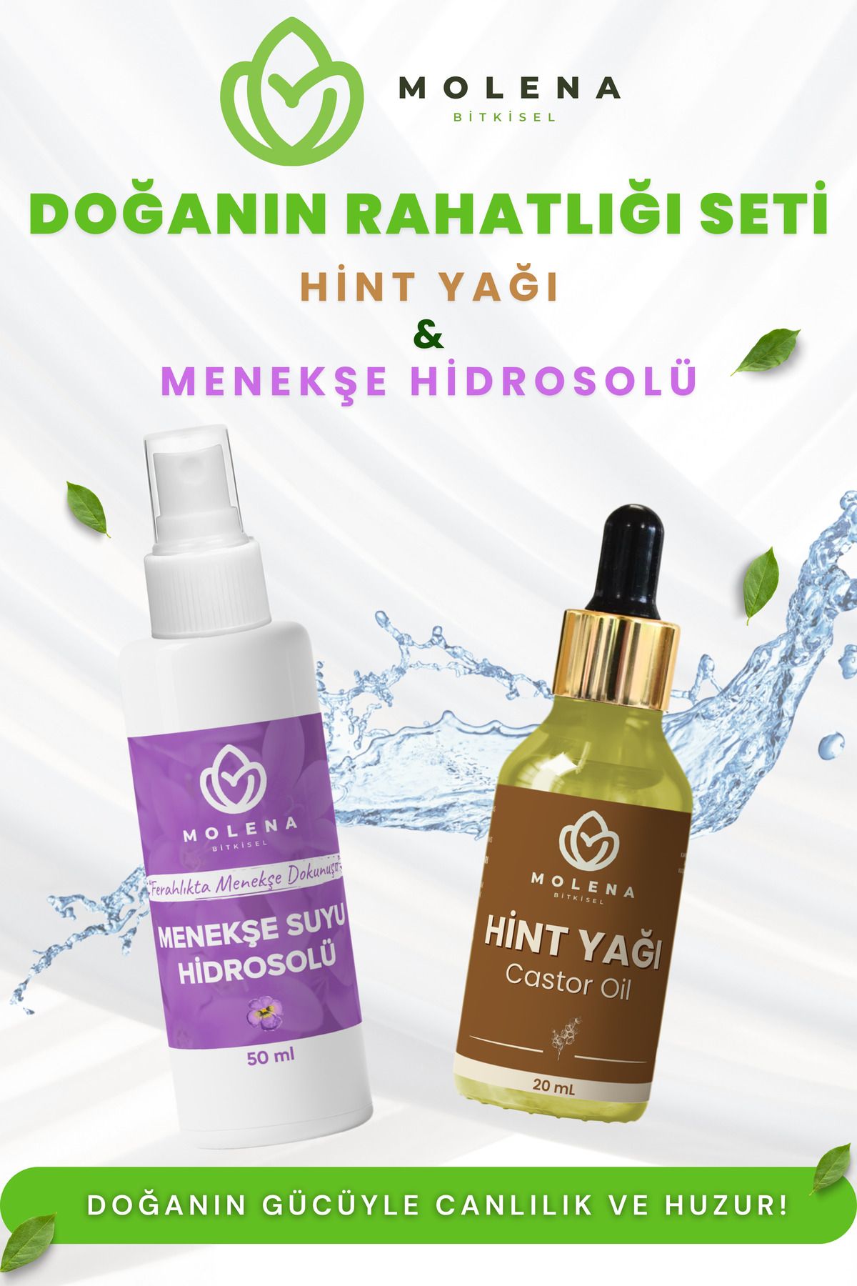 MOLENA BİTKİSEL Menekşe Hidrosolü 50 ml + Hint Yağı 20 ml | Cilt Yatıştırıcı & Saç Güçlendirici Set