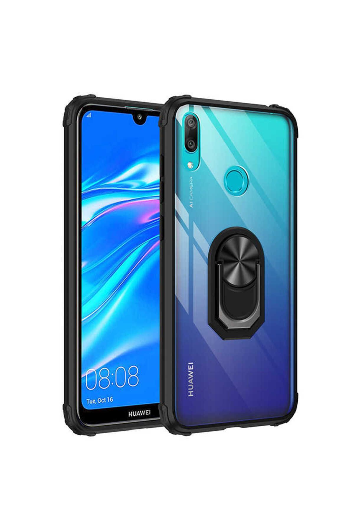 halkhouse Huawei Y7 Prime 2019 Kılıf Sert Silikon Dayanıklı Şeffaf Renkli Yüzüklü Mola Kapak