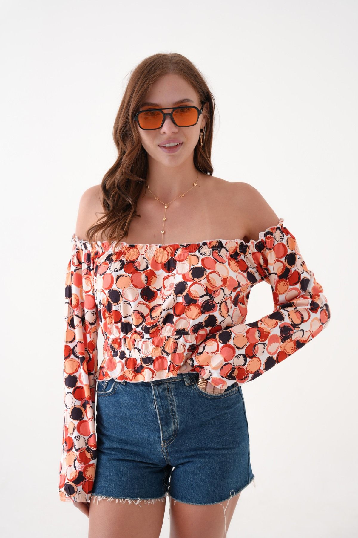 SHEMALL LUXURY Omuzları Açık Lastikli Crop Bluz 1041