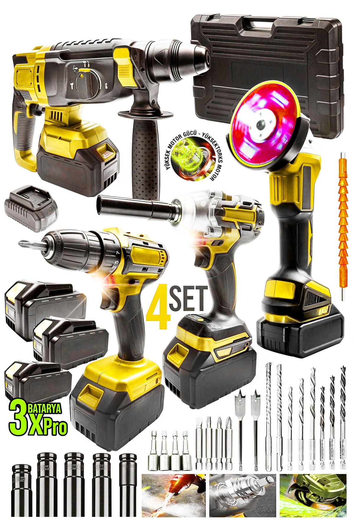 Elioure Şarjlı Darbeli Set 4'lü, 2-26mm Taşlama ve Matkap Hediye