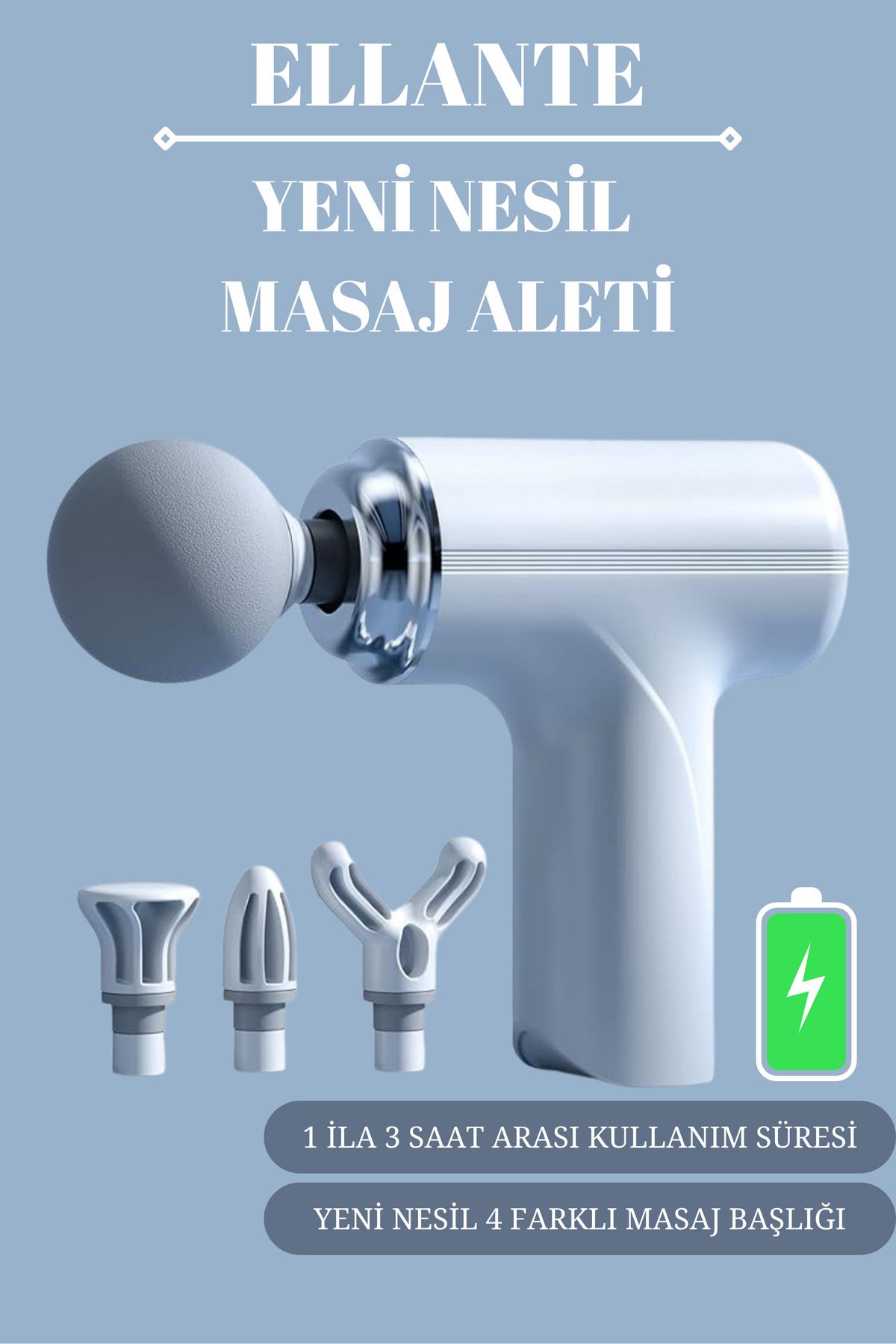 ellante Masaj Tabancası Sporcu Masaj Aleti 6mm 4 Farklı Başlık Şarjlı Profesyonel Masaj Aleti YENİ NESİL