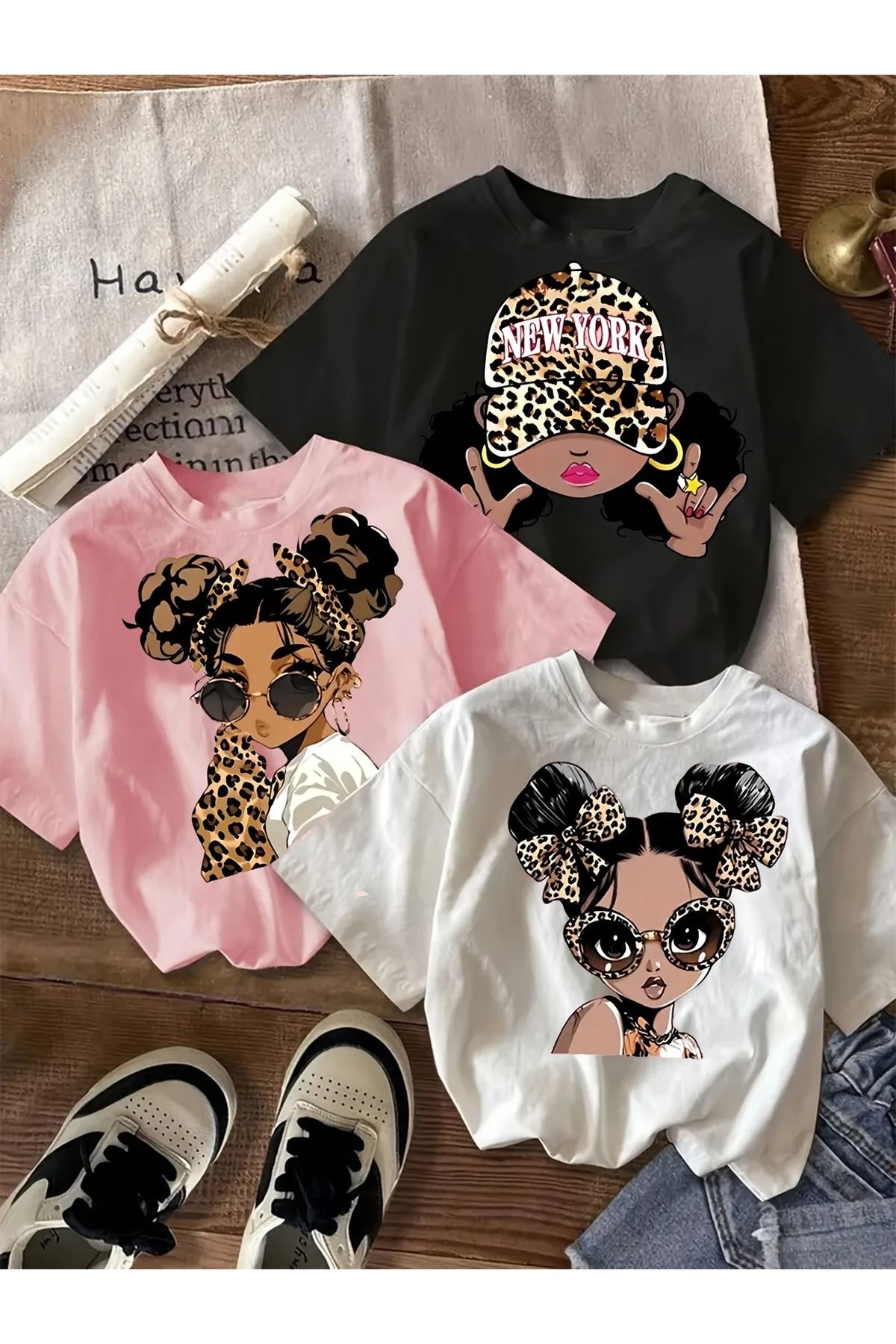 Renna Mood Kız/Çocuk 3`lü Paket Leopar Şapkalı New York Baskılı Penye T-shirt