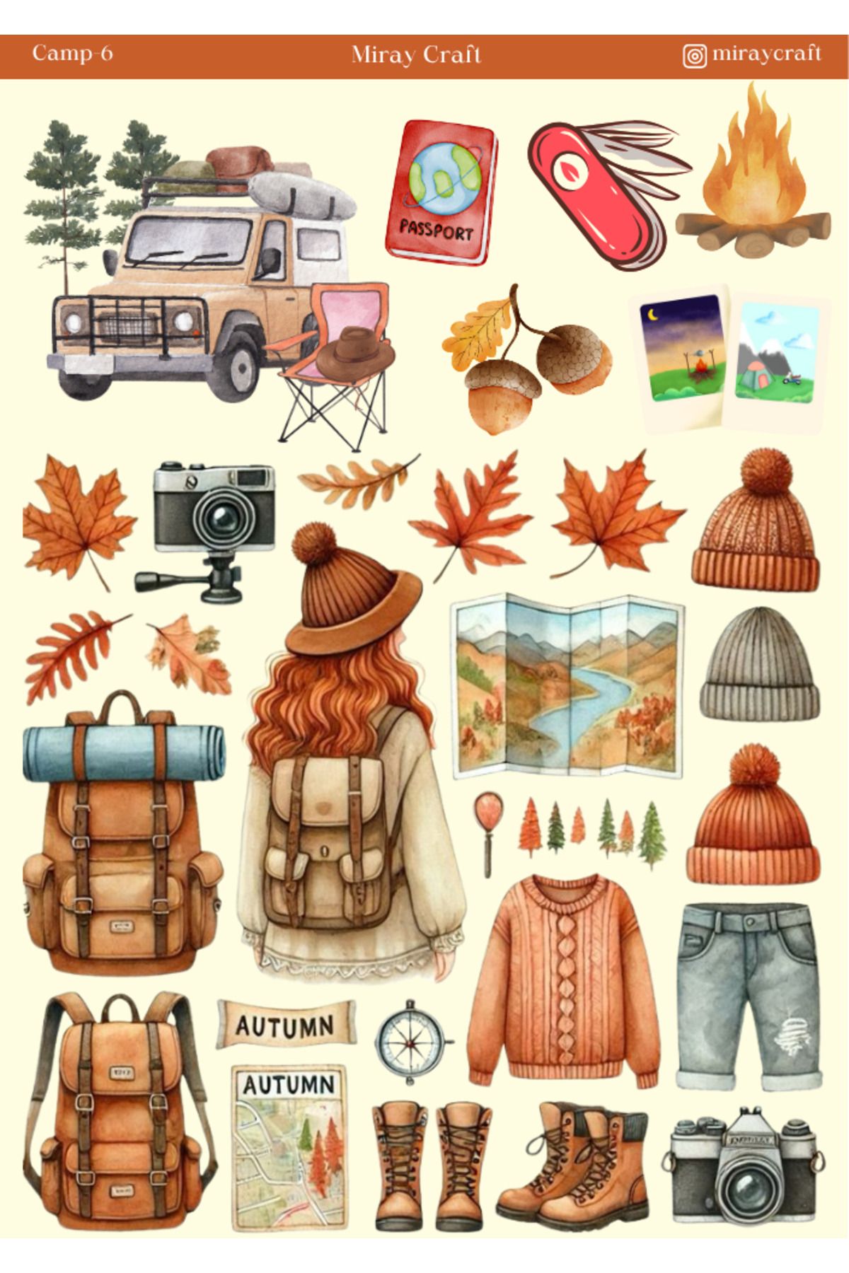 MirayDesign 1 Adet Kamp Temalı Sticker (12x17 cm) Bullet Journal, Scrapbook, Ajanda ve Planlayıcı İçin
