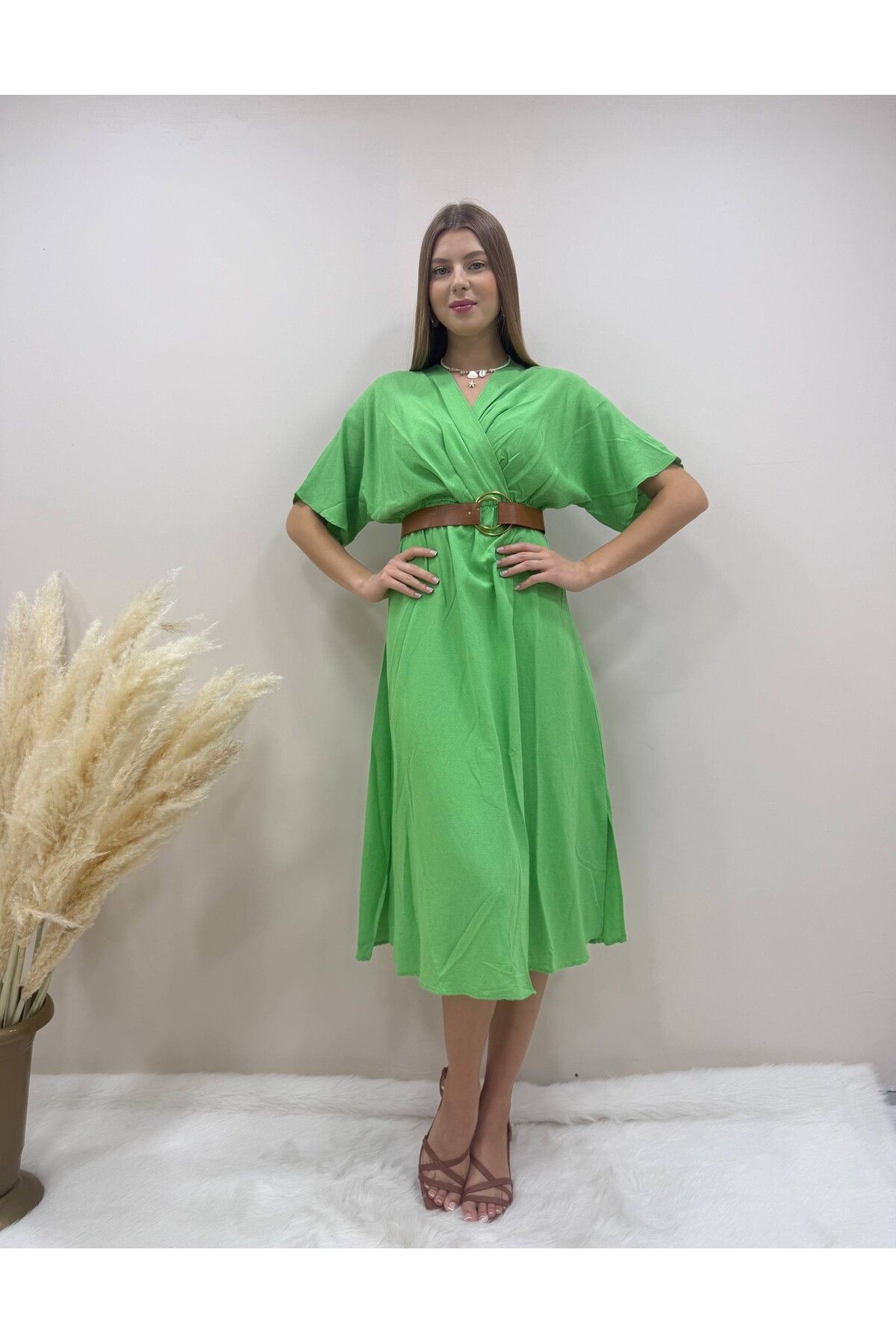 AsprinFashion KEMERLİ KETEN ELBİSE YEŞİL