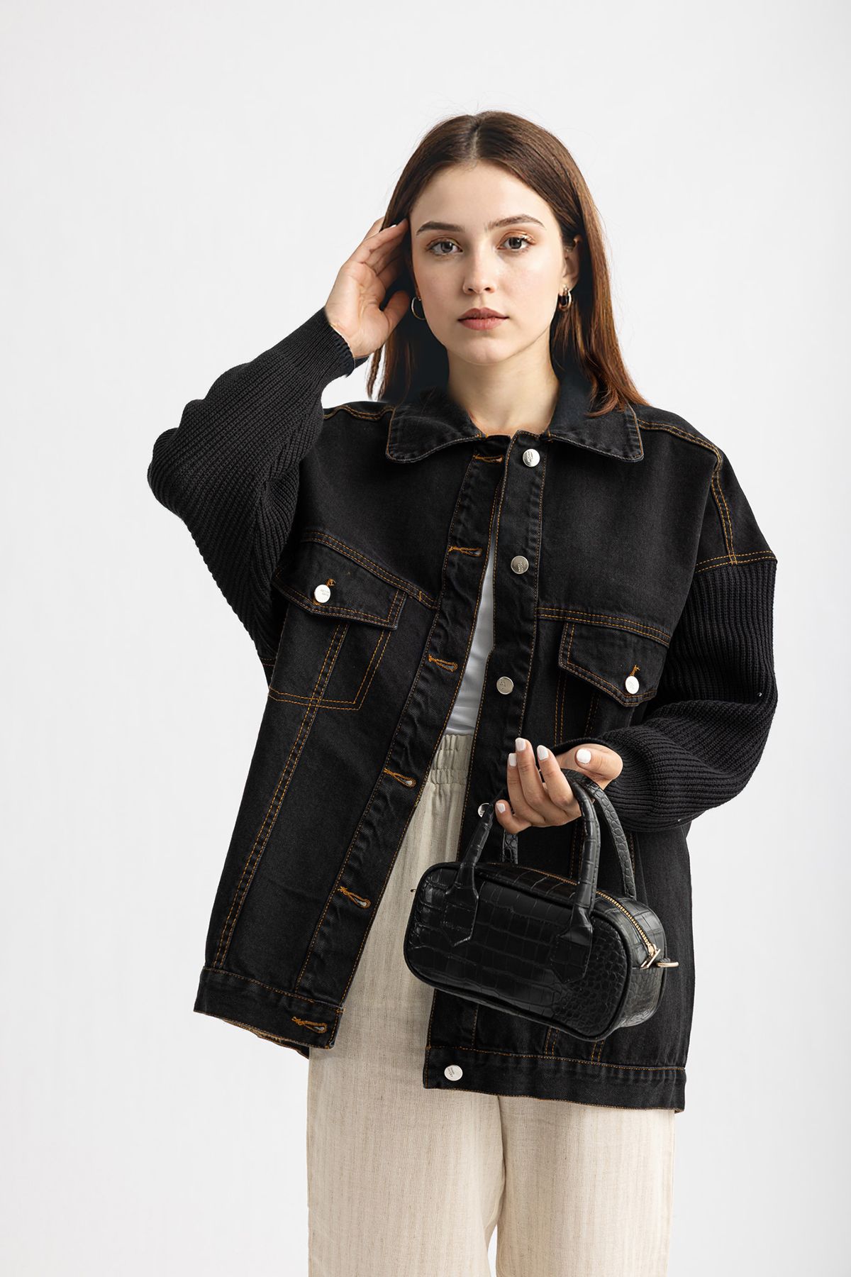 Suede Style 9289 - Kollar Triko Detaylı Rahat Şık Kadın Kot Ceket