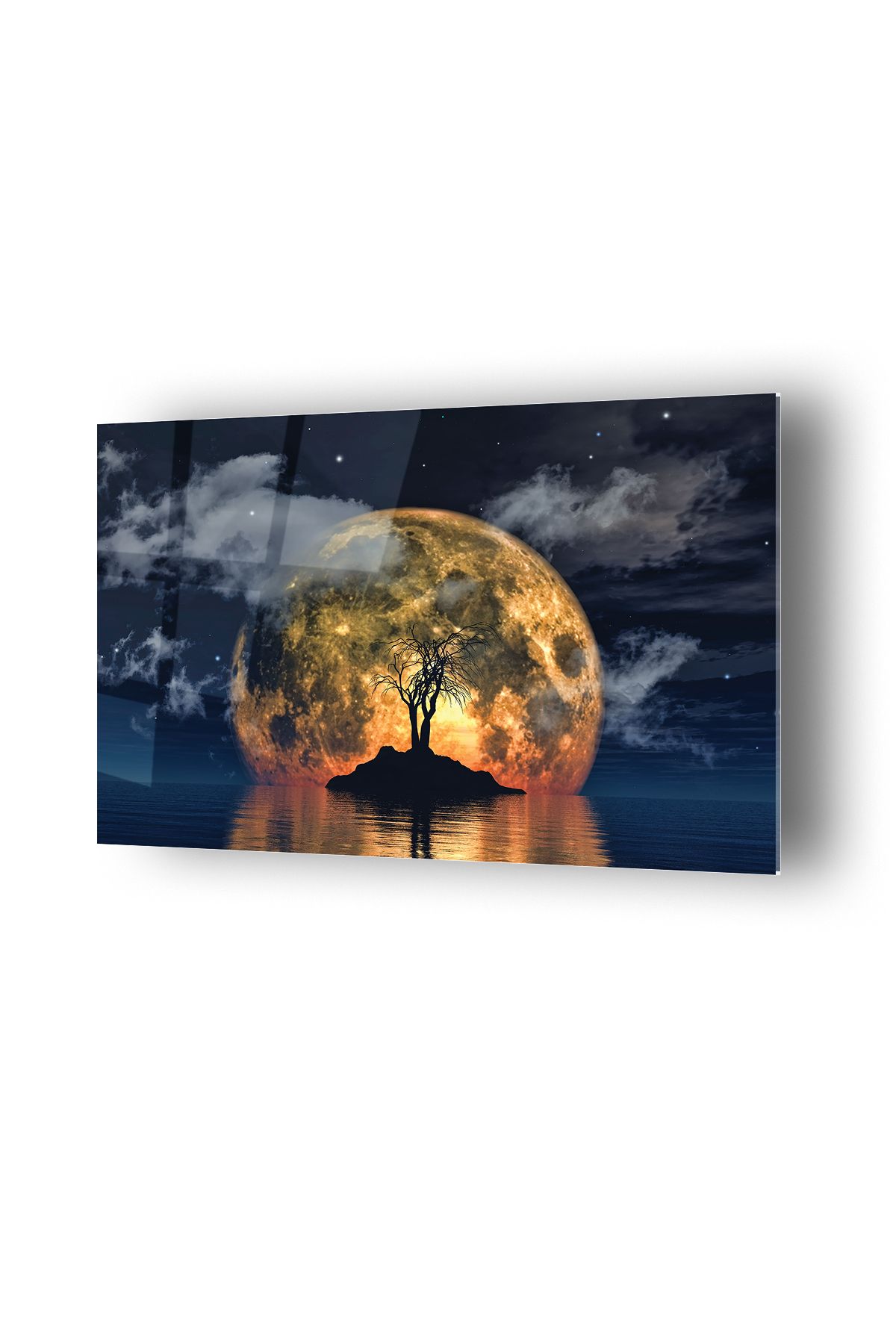 no77decor Kuru Ağaç Önü Ay Temalı Cam Tablo