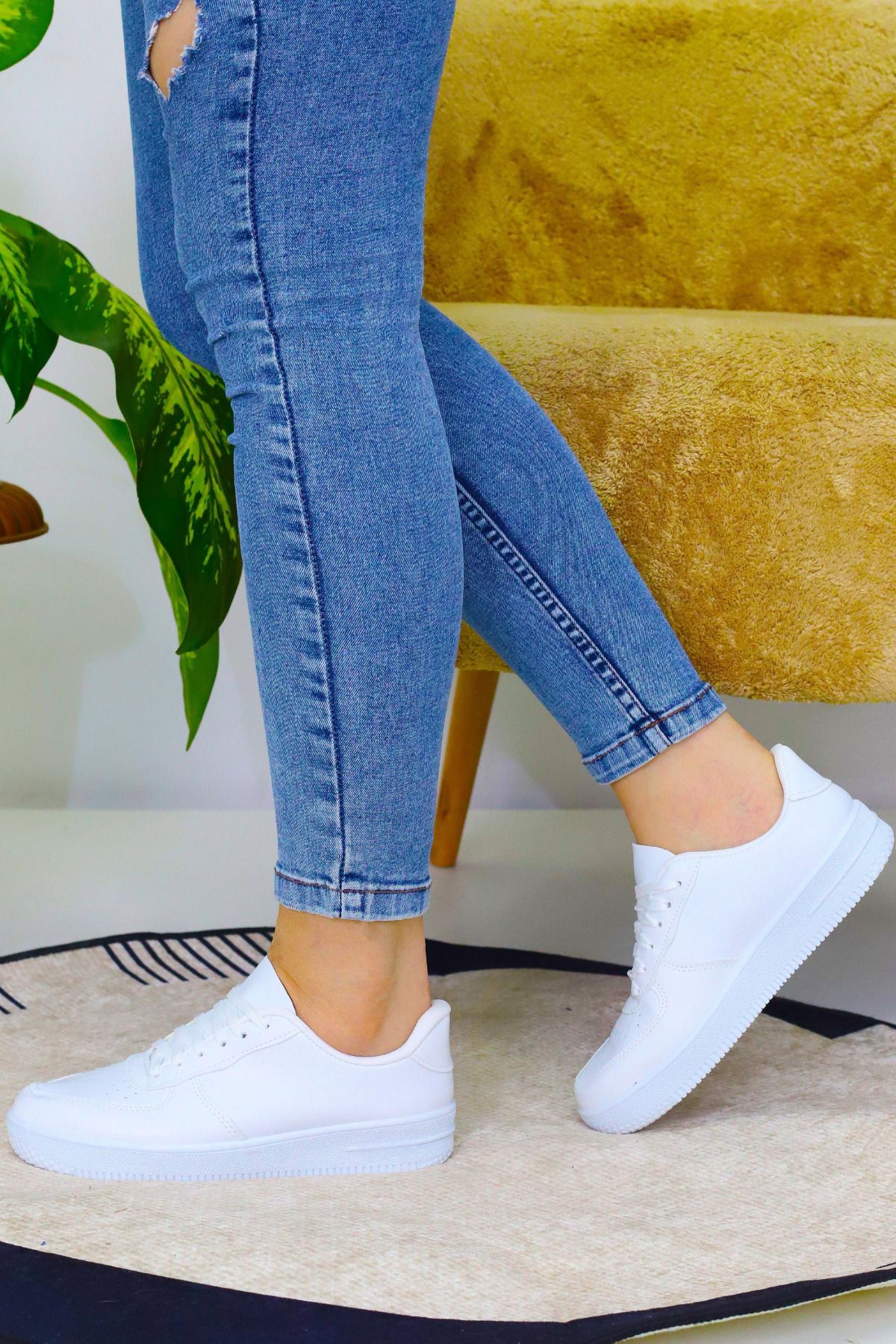 OBAY LİFE Unisex Beyaz Bağcıklı Düz Taban Spor Ayakkabı NBR4080