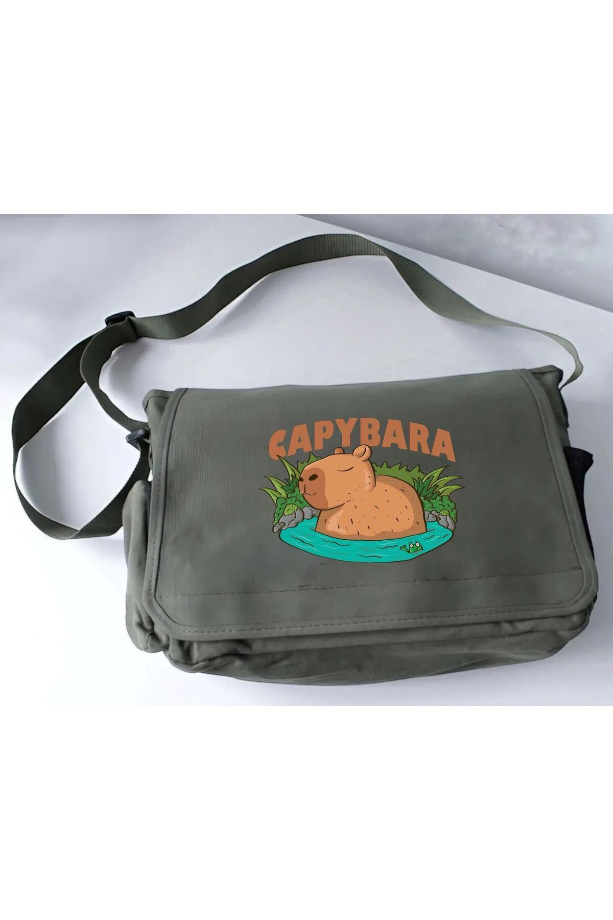 DEEFWEAR Haki Cute Capybara Baskılı Okul , Kurs , Dershane Postacı Çantası