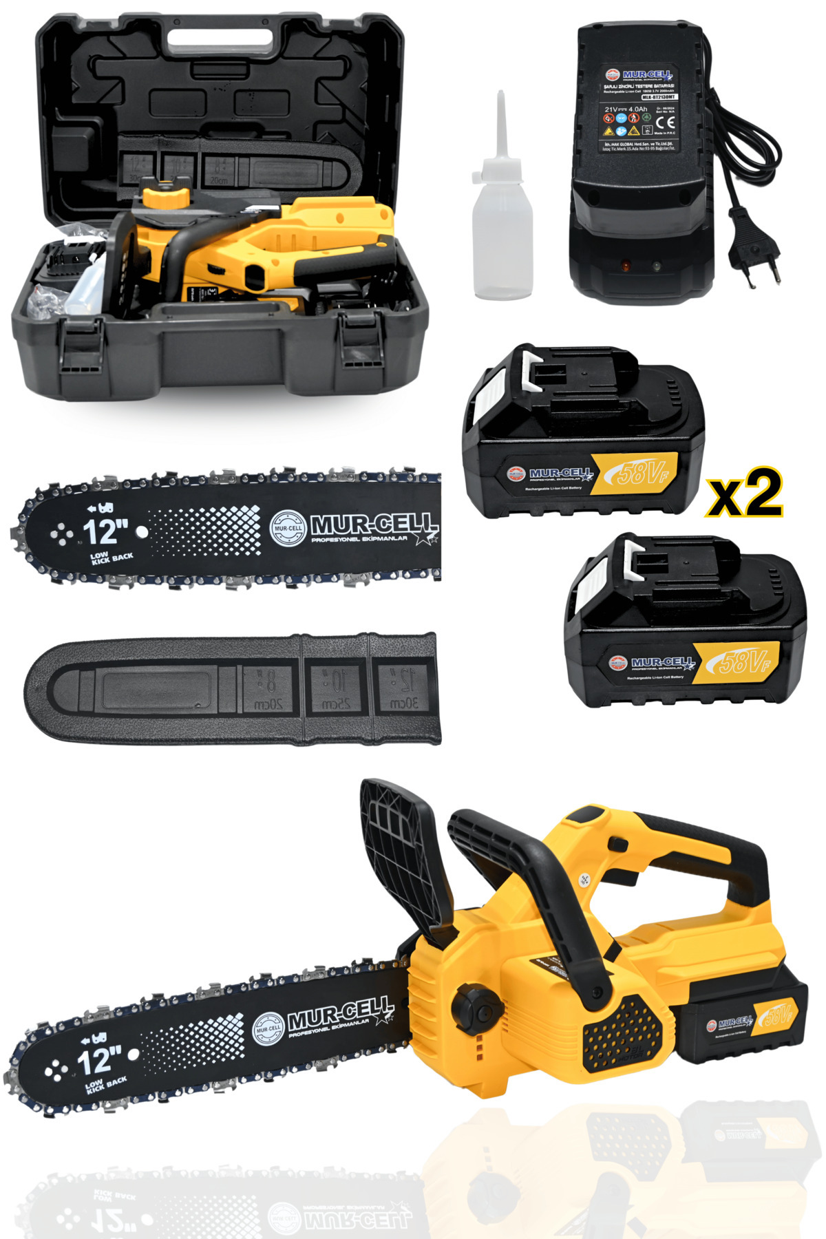 Mur-Cell Dj12 Sarı Şarjlı Ağaç Odun Kesme Motoru Zincirli Testere