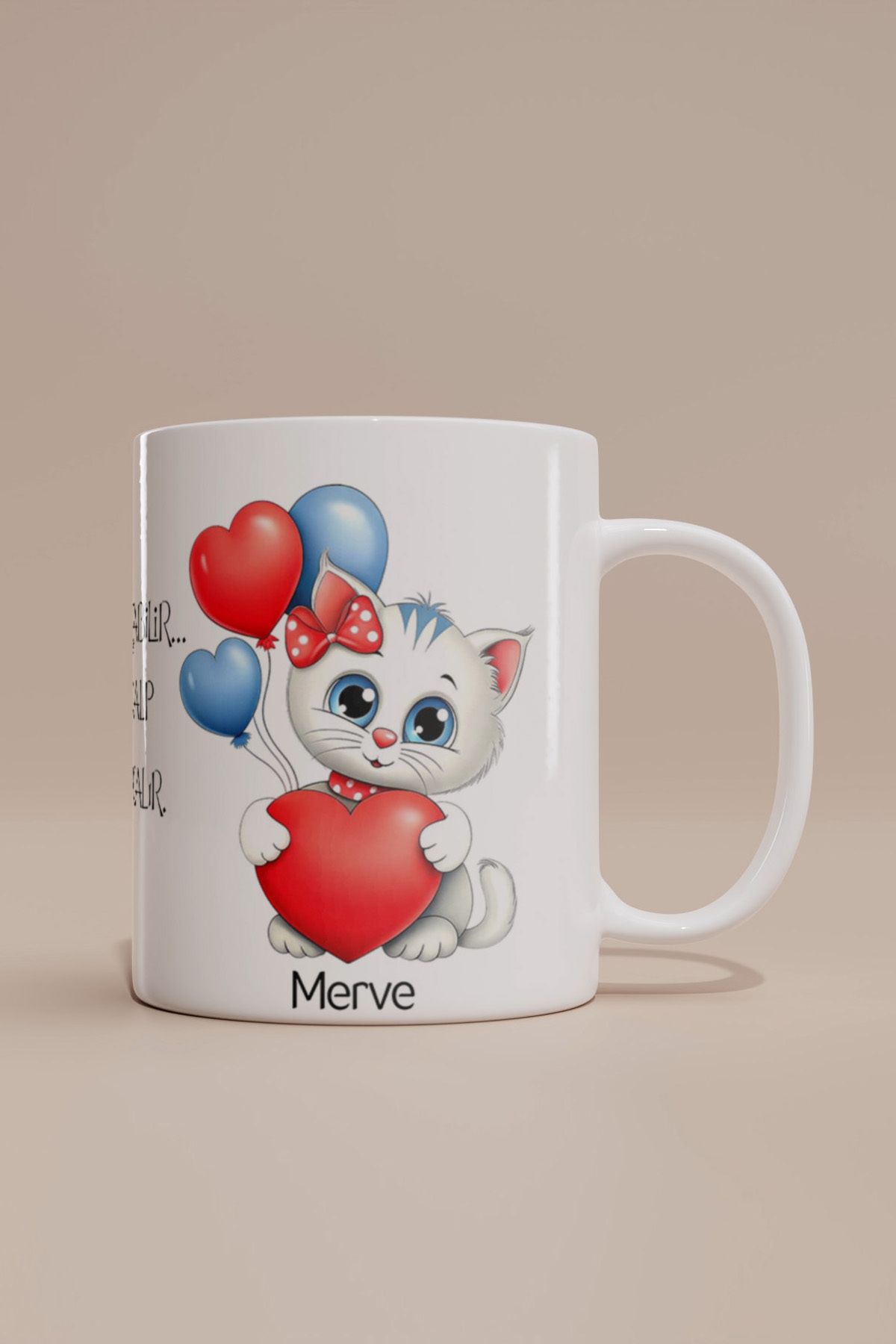 SareDesing İsme Özel Aşk Taşıyan Kedi Temalı Kupa Bardak