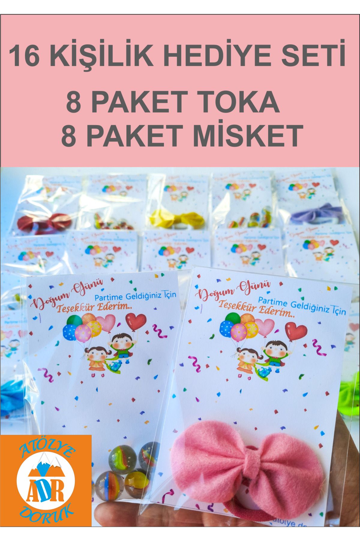 Atolye Doruk 16 PAKET Doğum Günü Hediyesi Keçe Toka ve Misket-Kız Çocuk Doğumgünü Parti Hediyelik