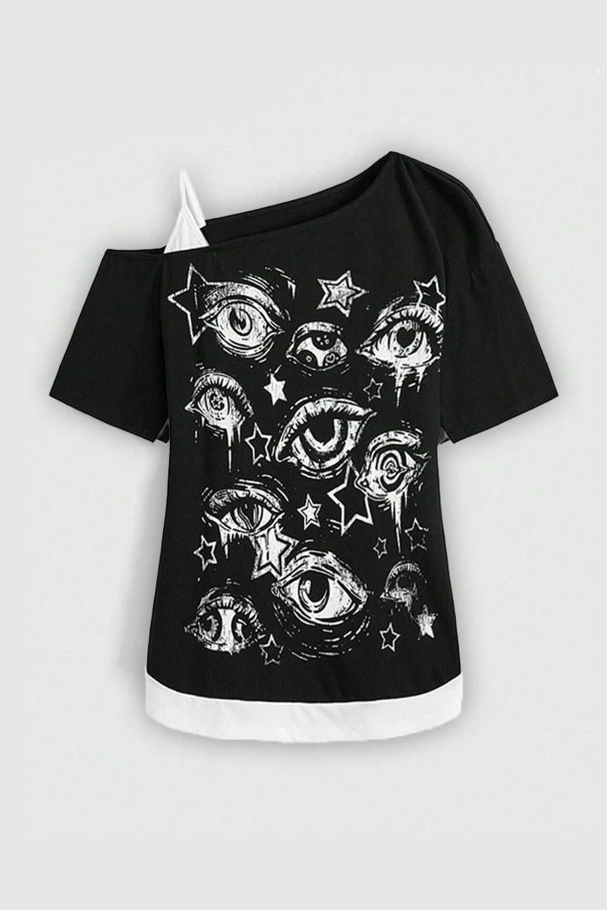 Gofeel Siyah Gothic Eye Collage Ek Askılı Kısa Kollu Crop