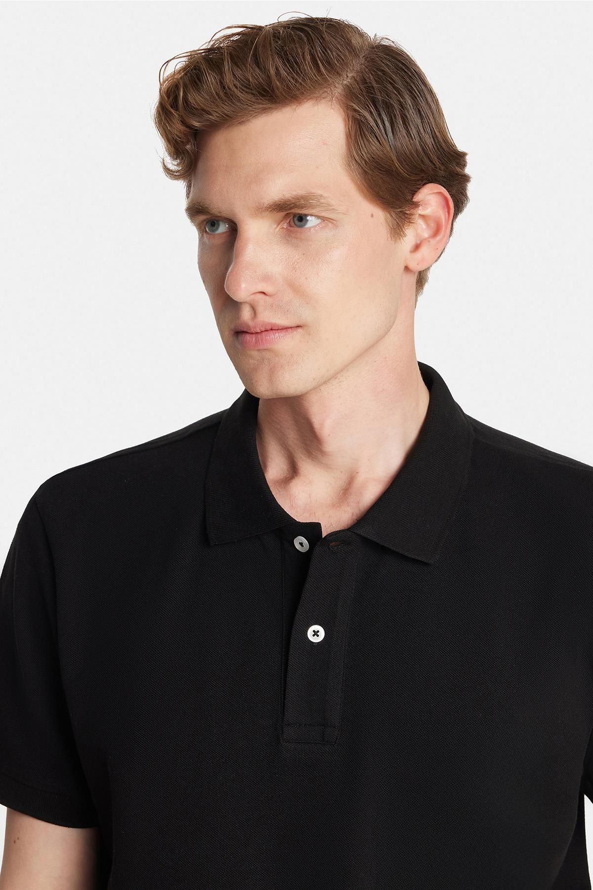 Tudors Erkek Slim Fit Dar Kesim Pamuklu Yumuşak Dokulu Serin Tutan Kumaş Düz Siyah Polo Yaka Tişört