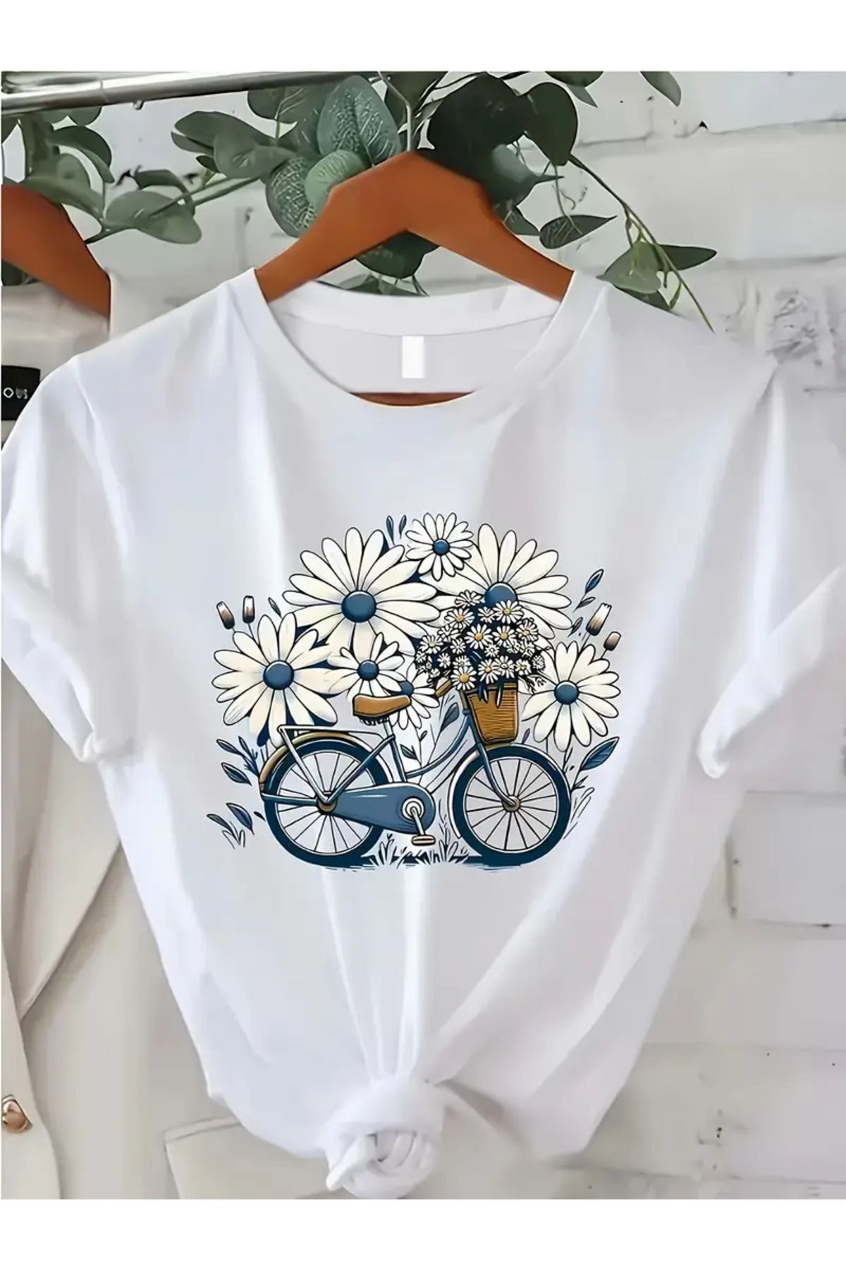 CLASİVA Papatya Bisikler Baskılı unisex Oversize Bisiklet Yaka T-shirt