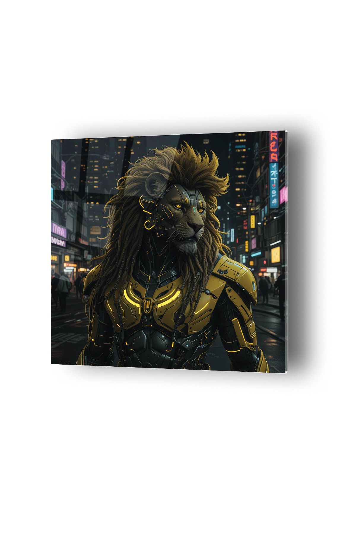 no77decor Cyberpunk Aslan Portre Temalı Cam Tablo
