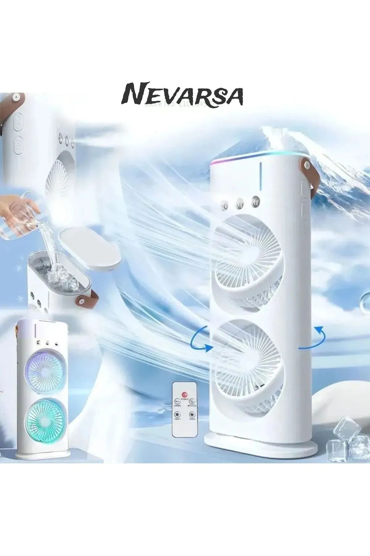 NEVARSA Şarjlı Kumandalı Dönen Işıklı Buz Buharlı Vantilatör Fan Nemlendirici Klima Soğutucu Çift Fanlı