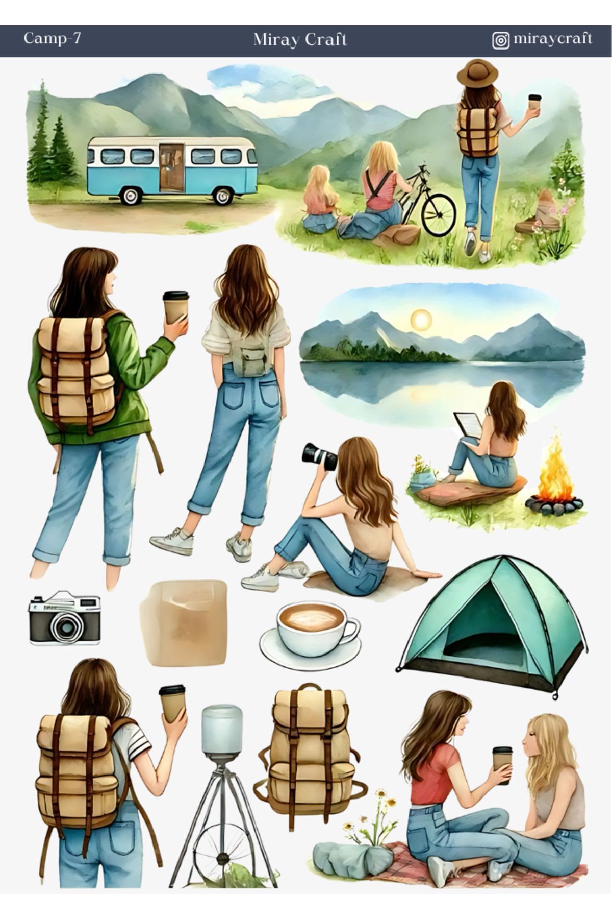 MirayDesign 1 Adet Kamp Temalı Sticker (12x17 cm) Bullet Journal, Scrapbook, Ajanda ve Planlayıcı İçin