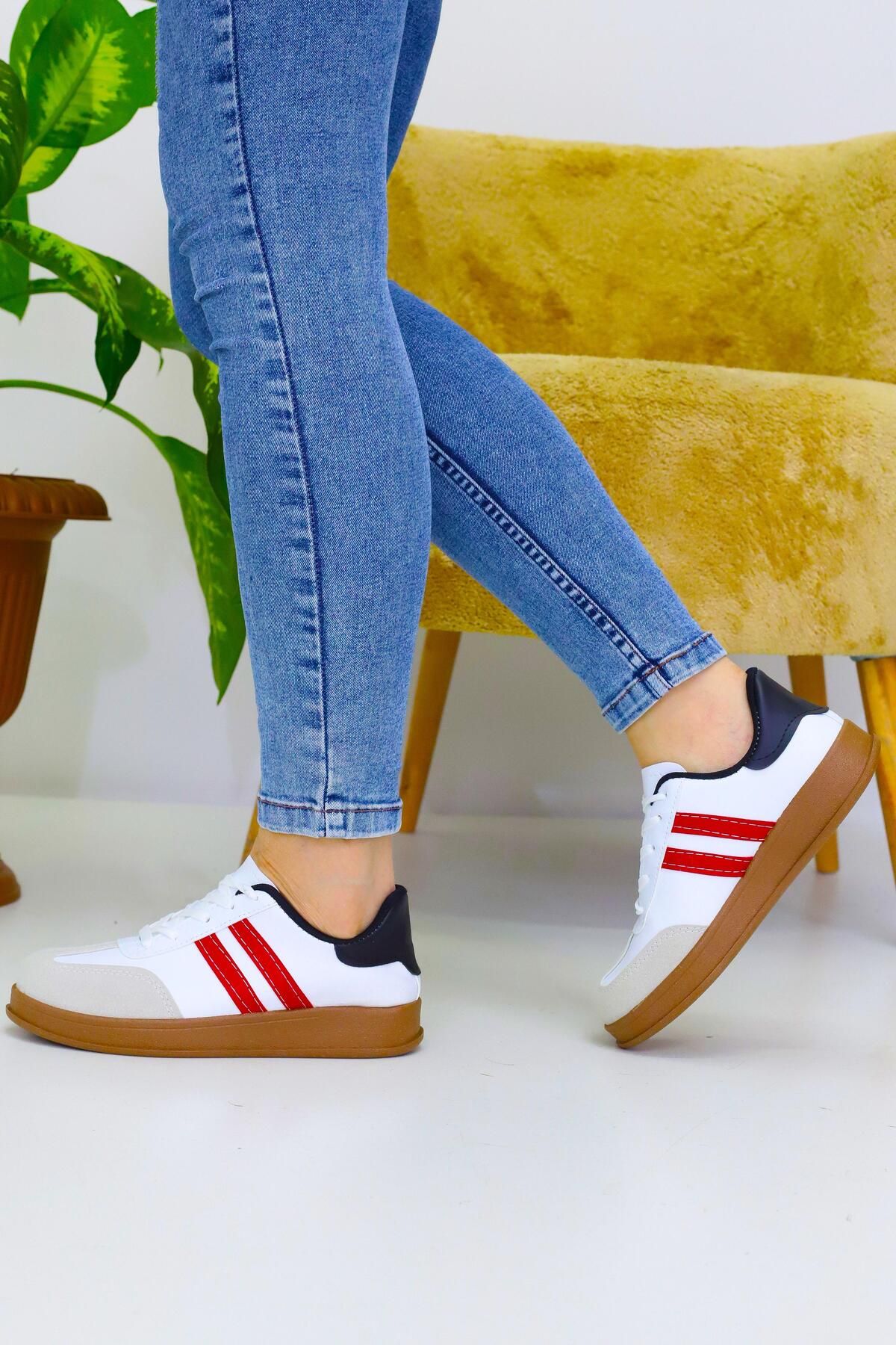 Nubbock Unisex Kırmızı 2 Şeritli Kahve Tabanlı Günlük Spor Ayakkabı NK4072