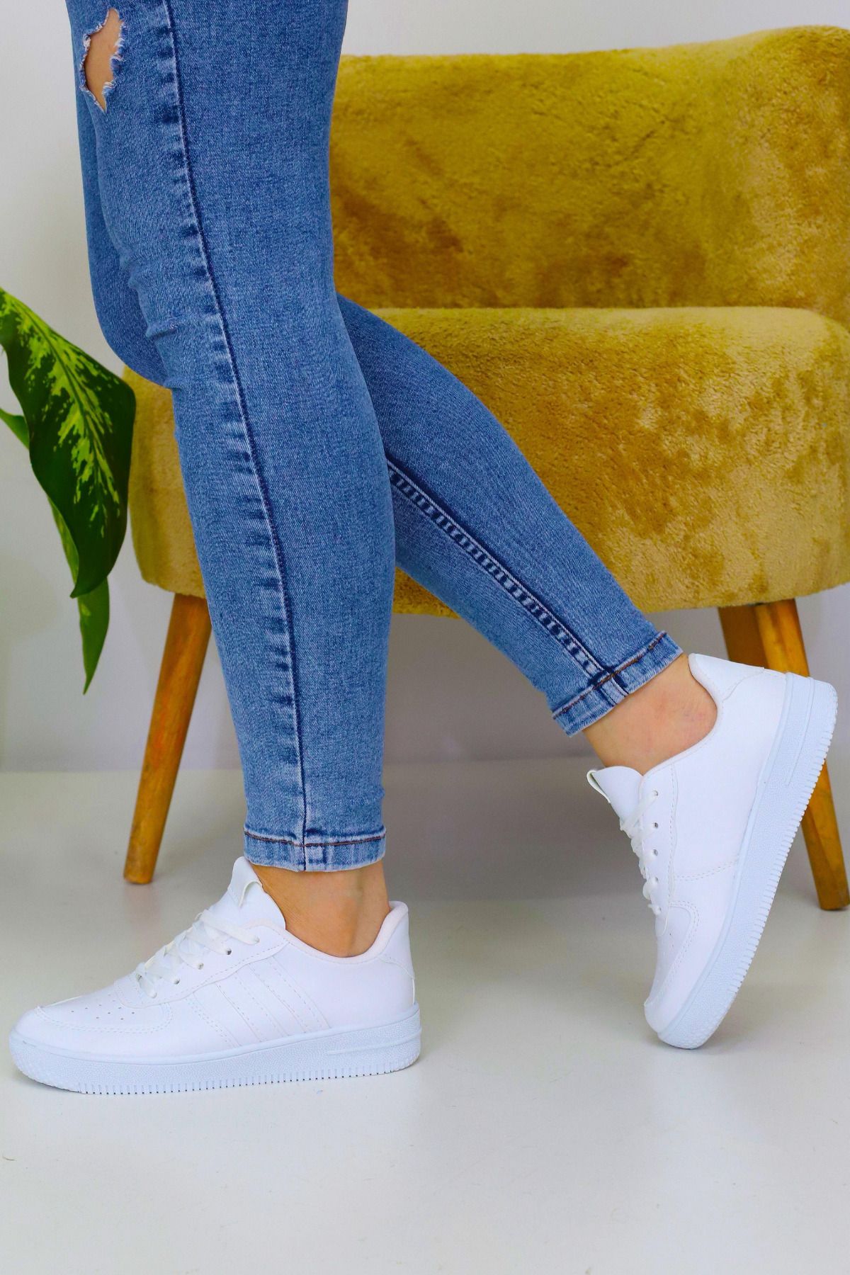 OBAY LİFE Unisex Beyaz 2 Şerit Bağcıklı Günlük Spor Ayakkabı NBR4082