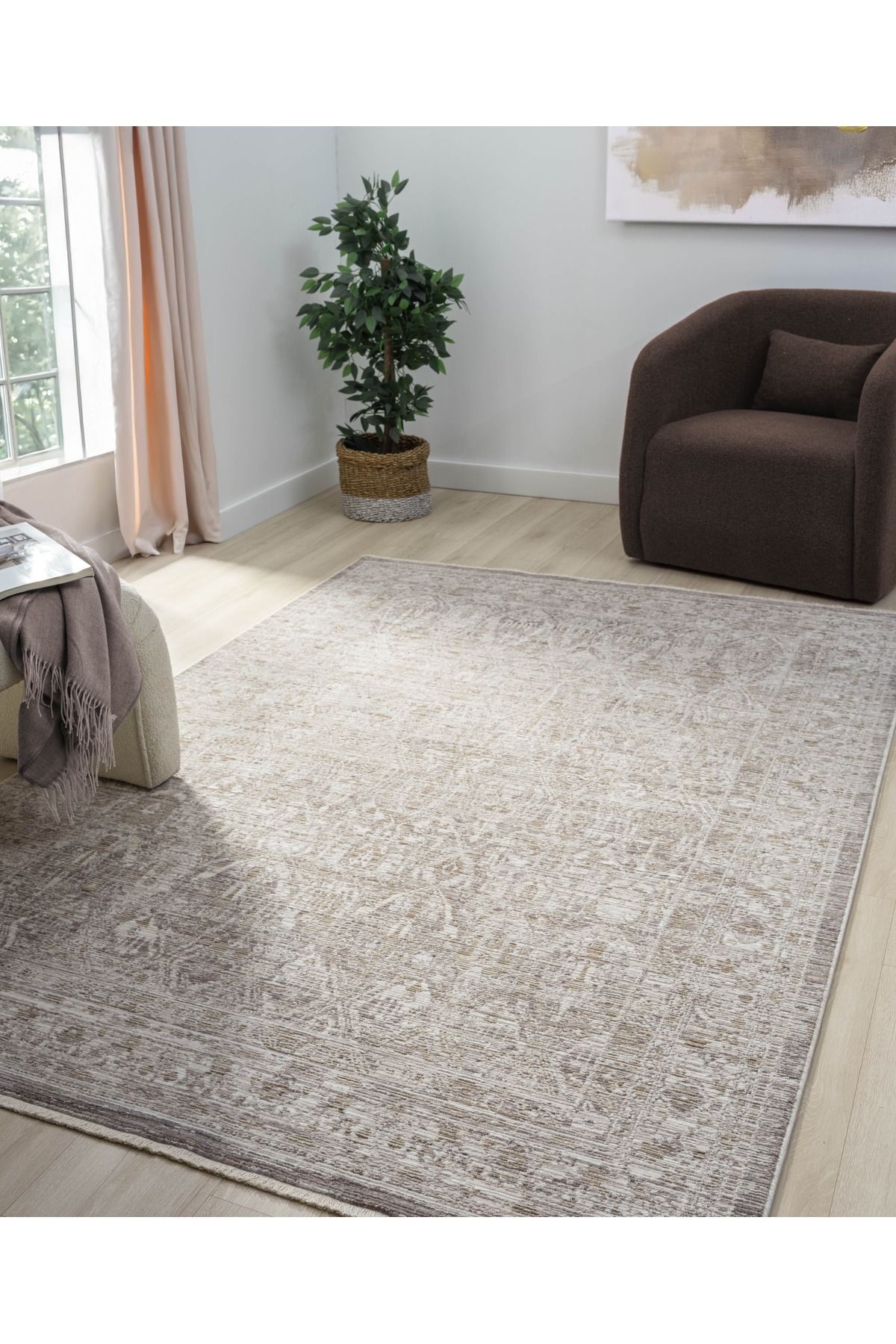 Mariesse Home Vintage Eskitme Desenli Makine Dokuma Salon Oturma Odası Halısı