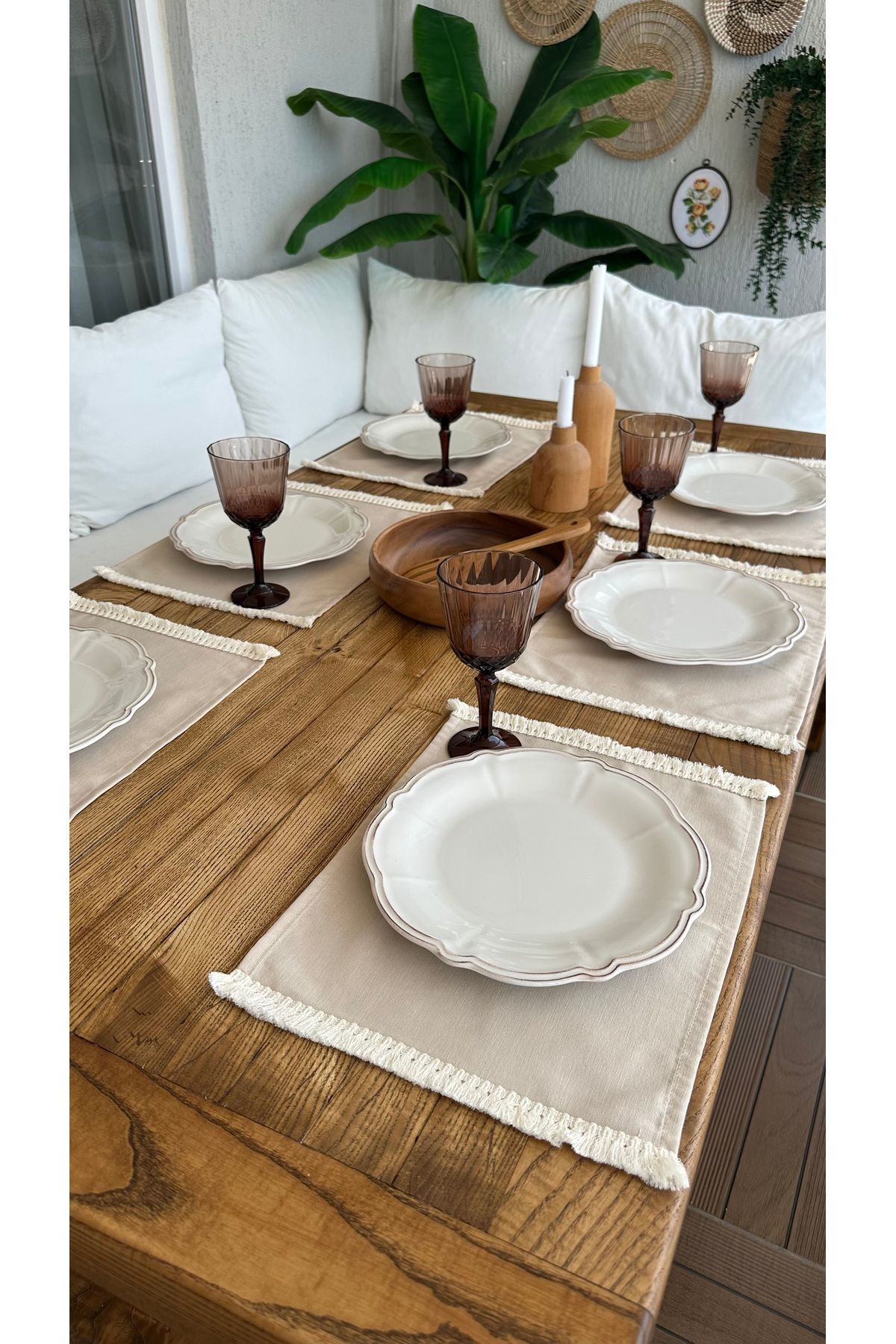 Decamor home 6 ad Püsküllü Bej Amerikan Servis Sunumu Leke Tutmaz