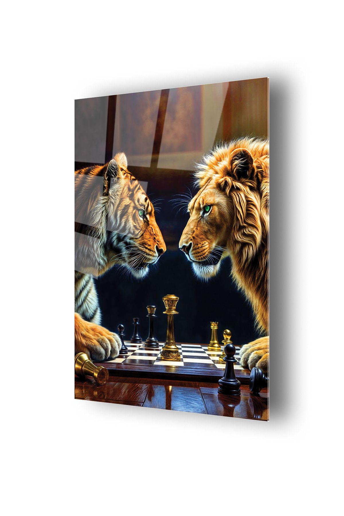 no77decor Aslan Ve Kaplan Karşılıklı Satranç Oynuyor Cam Tablo