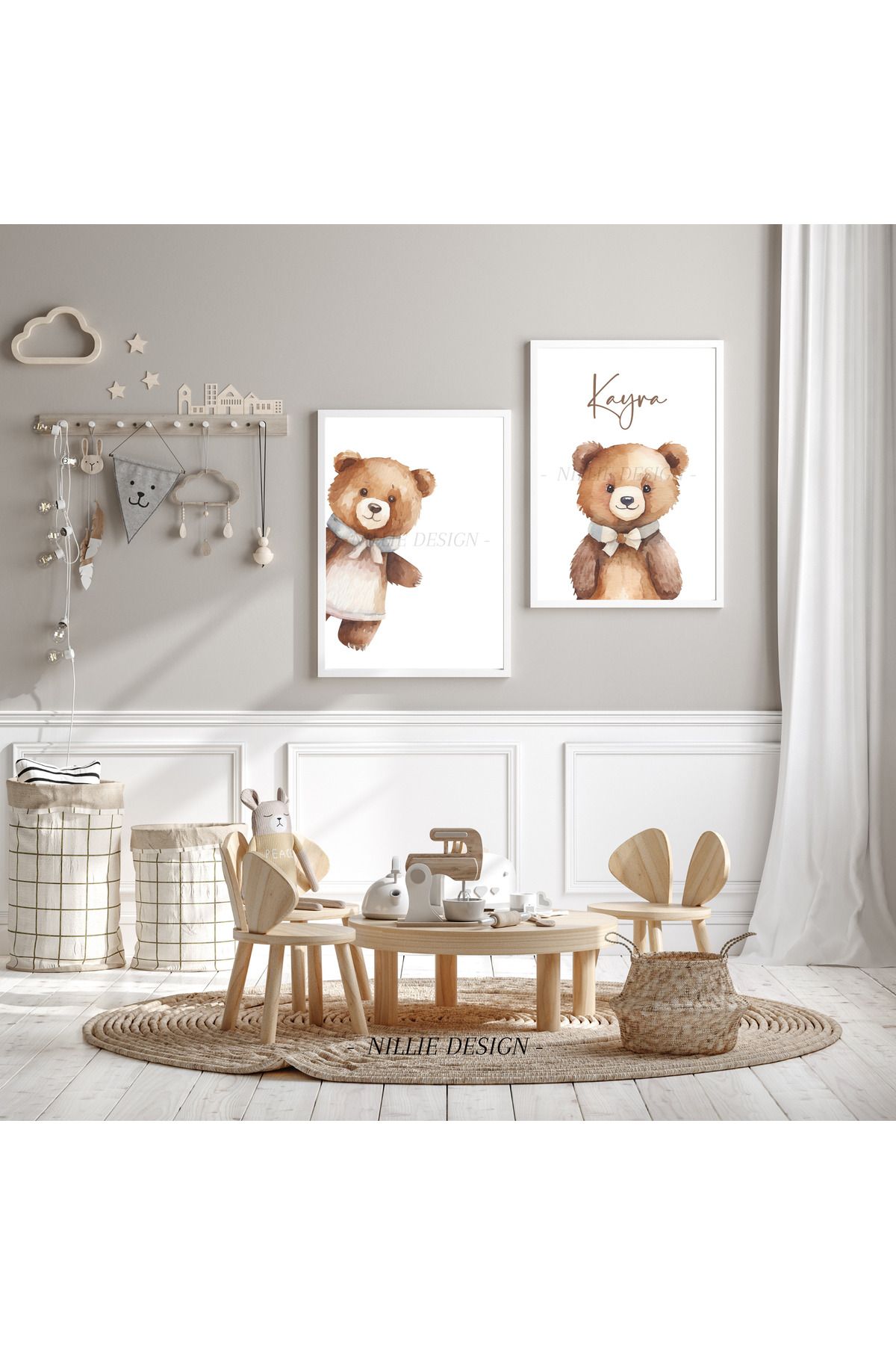 NILLIE DESIGN Kahverengi Ayıcıklı 2'li İsimli Tablo, Doğal Ahşap Çerçeveli Bebek ve Çocuk Odası Tablo Seti