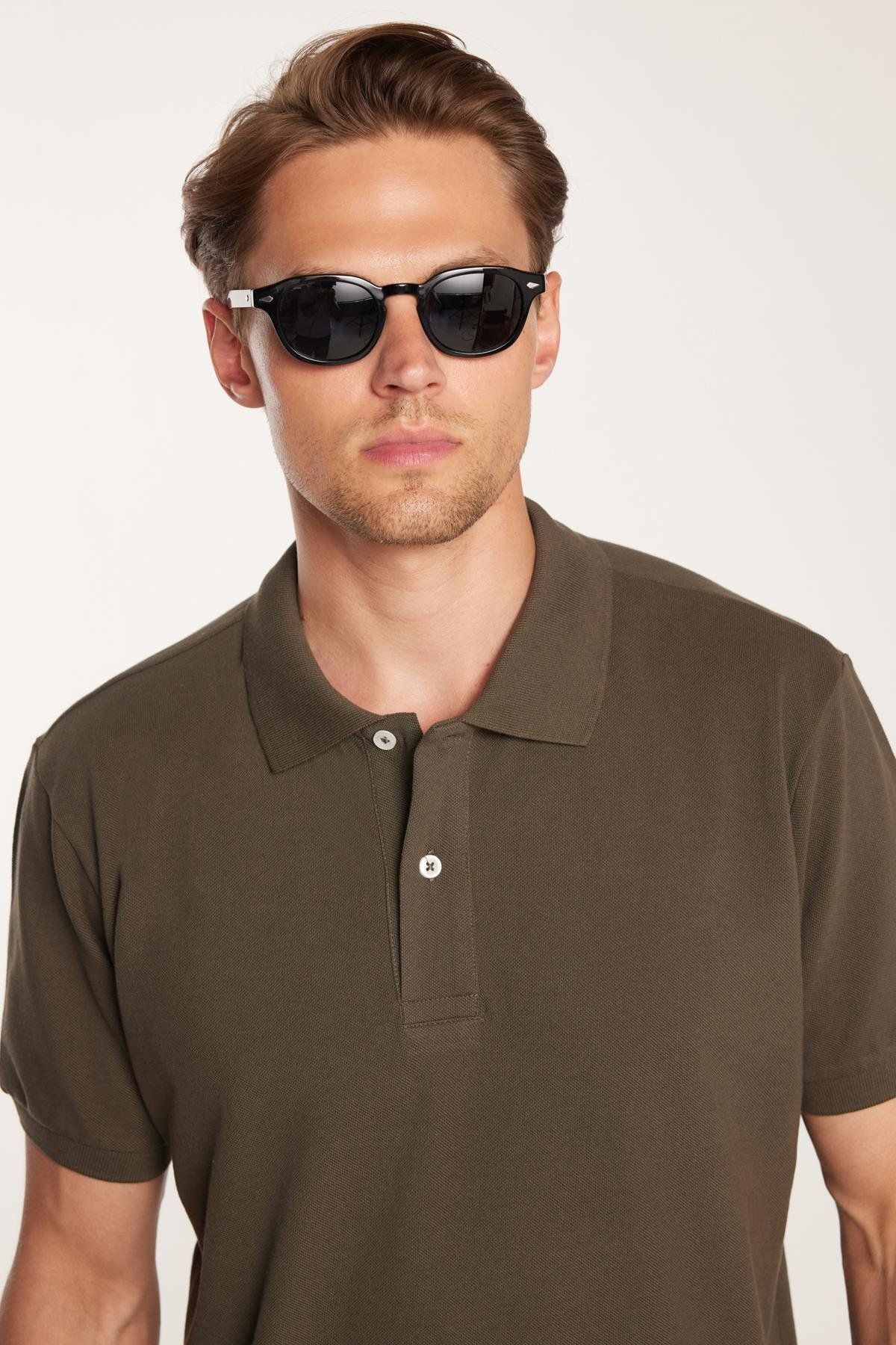 Tudors Erkek Slim Fit Dar Kesim Pamuklu Yumuşak Dokulu Serin Tutan Kumaş Düz Pike Haki Polo Yaka Tişört