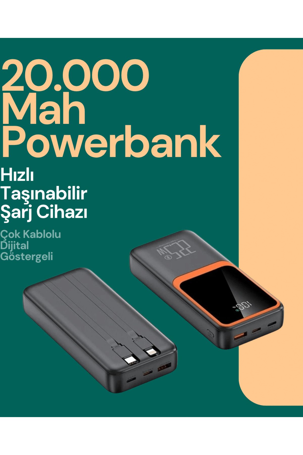 FTA TİCARET Taşınabilir Şarj Cihazı 20000 mAh | 22.5W Hızlı Şarj + Dijital Ekran + Kablo Dahil