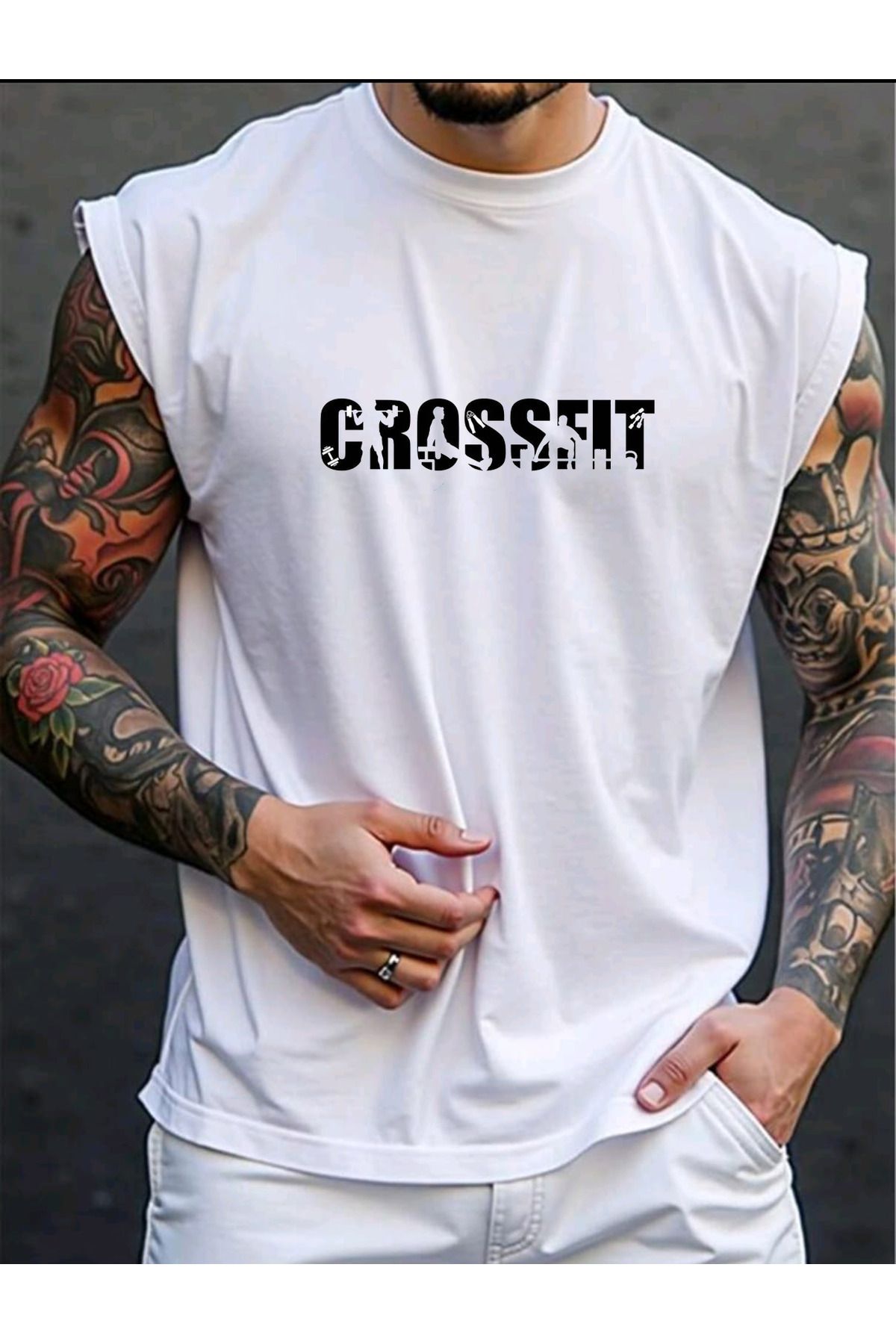 FAVORİST CROSSFIT Baskılı Kolsuz tshirt Erkek Sıfır Kol Giyim Spor Giyim Oversize T-SHİRT