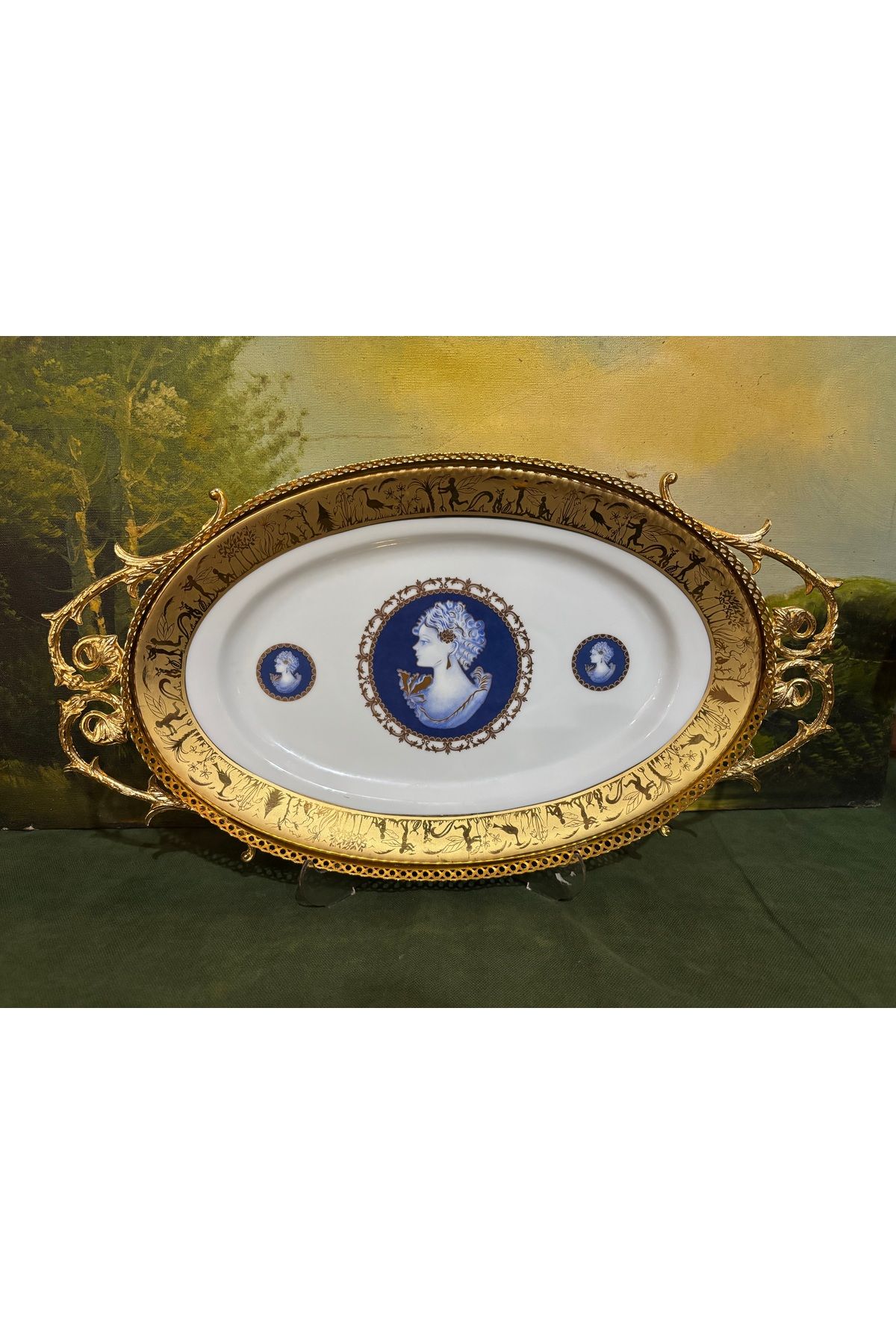 tayfuntufan antika koleksiyon Metal çerçevesinde limoges porselen tabak 44 cm 24 cm ölçülerinde